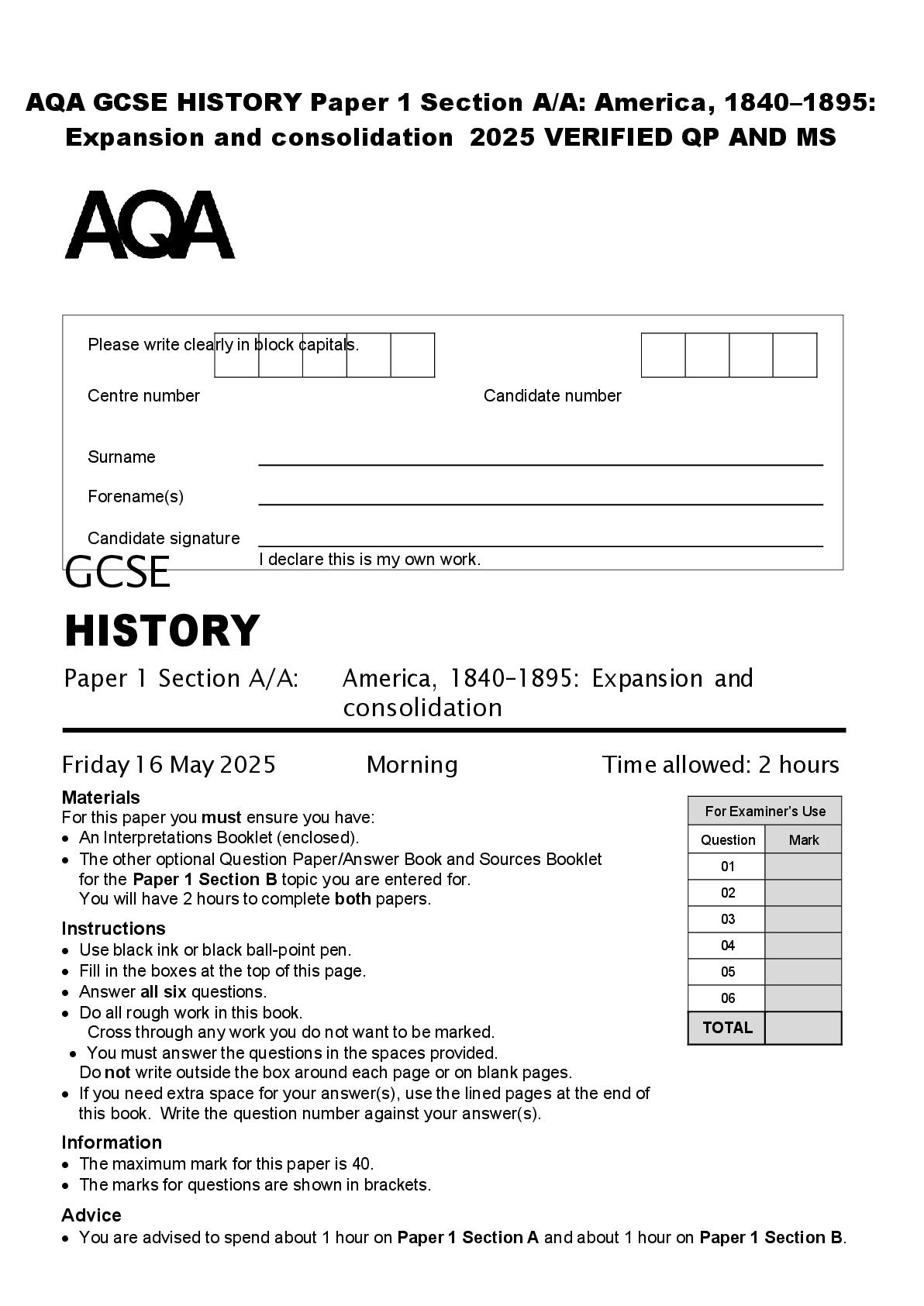 Preview of AQA GCSE HISTORY Paper 1 Section A/A: America, 1840–1895:  Expansion and consolidation 202
