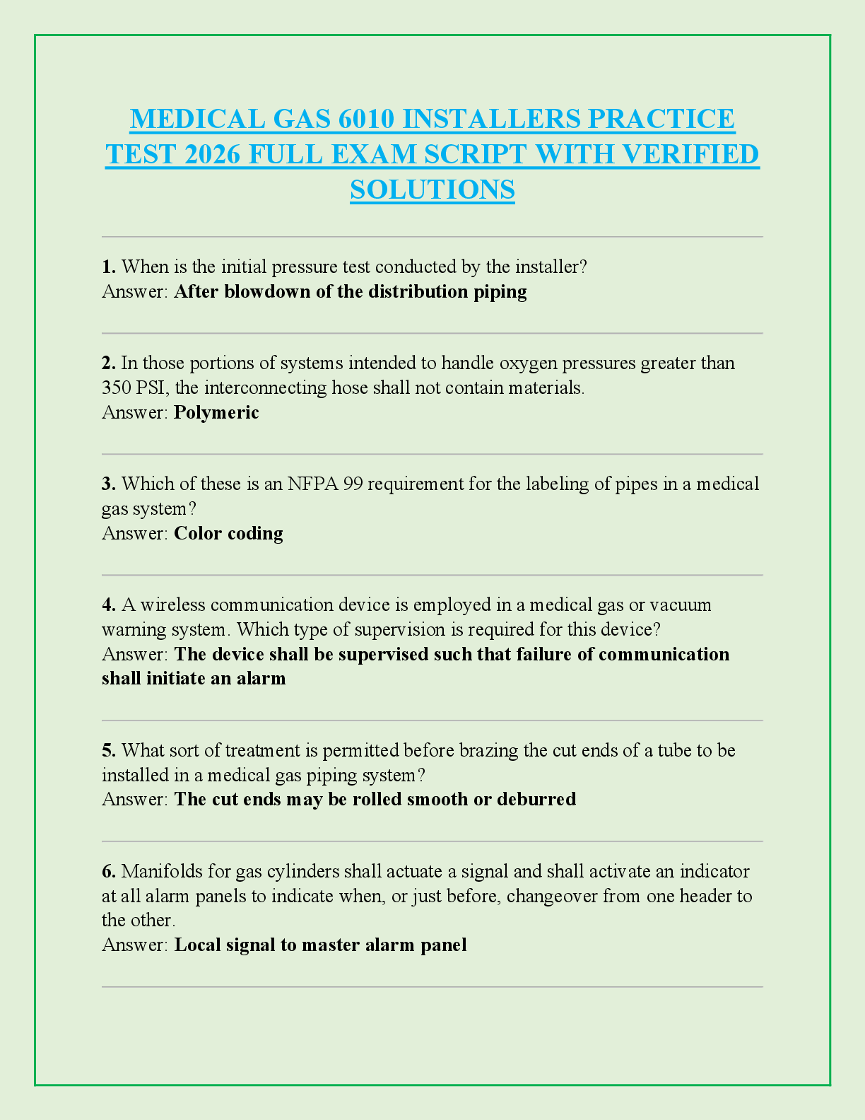 Recommended document preview for MEDICAL GAS 6010 INSTALLERS PRACTICE  TEST 2026 FULL EXAM SCRIPT WITH VERIFIED  SOLUTIONS