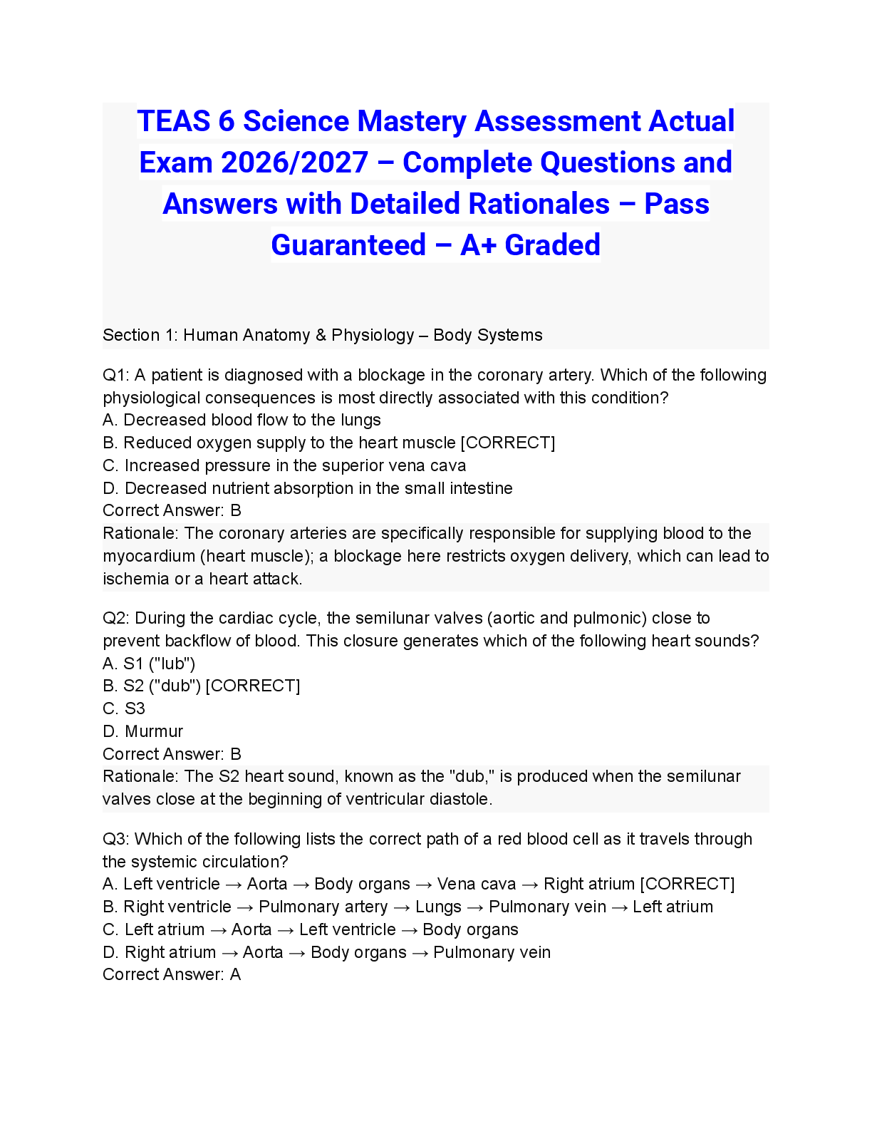 TEAS 6 Science Mastery Assessment Actual Exam 2026/2027 – Complete Questions and Answers with Detailed Rationales – Pass Guaranteed – A+ Graded