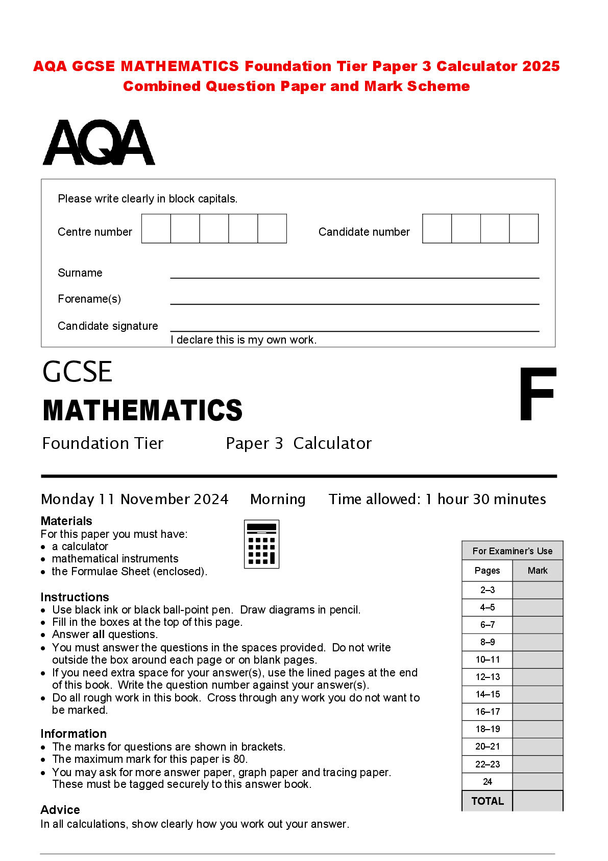 Recommended document preview for AQA GCSE MATHEMATICS Foundation Tier Paper 3 Calculator 2025 Combined Question Paper and Mark Scheme