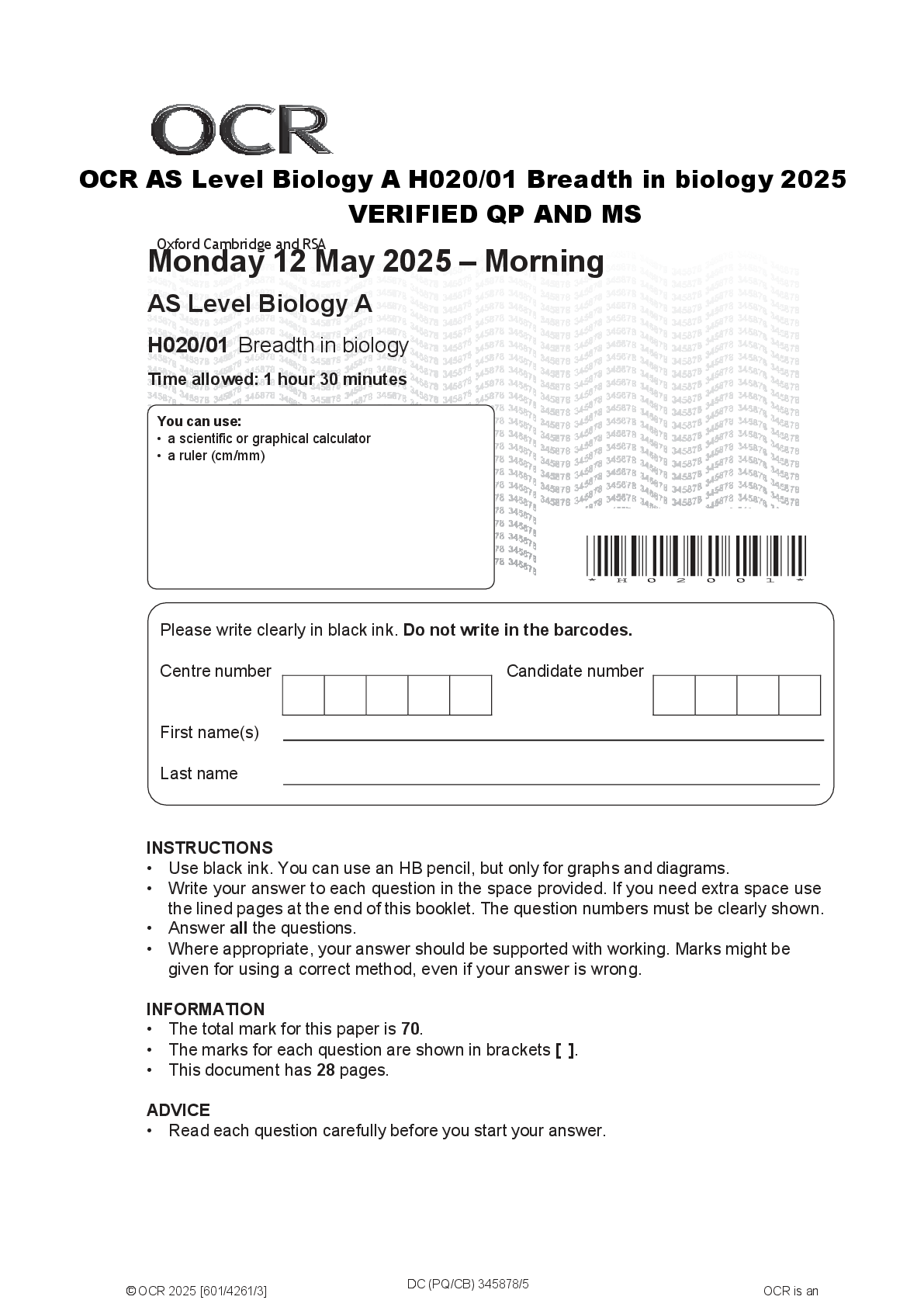 Preview of OCR AS Level Biology A H020/01 Breadth in biology 2025  VERIFIED QP AND MS OCR AS Level Bi