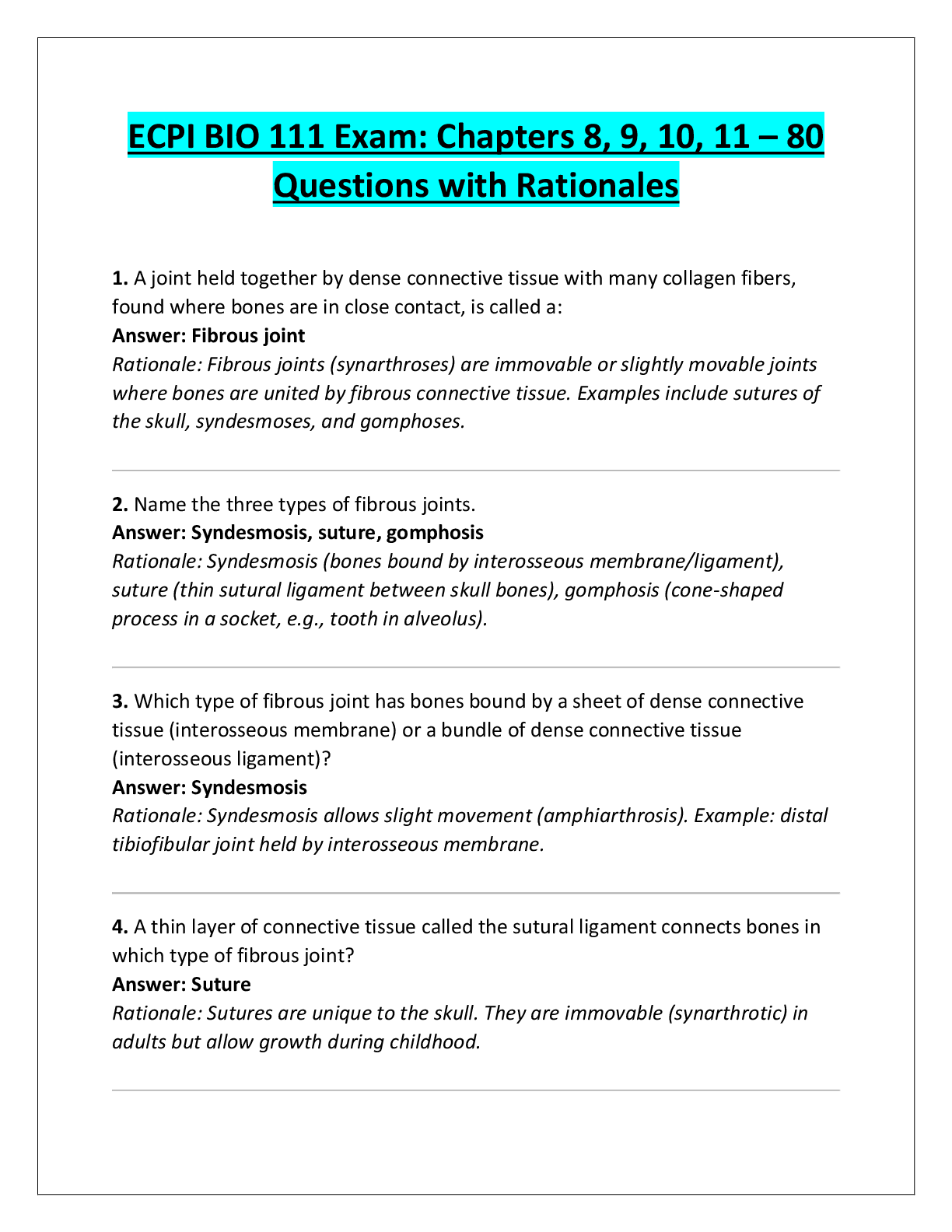 Preview of ECPI BIO 111 Exam: Chapters 8, 9, 10, 11 – 80  Questions with Rationales