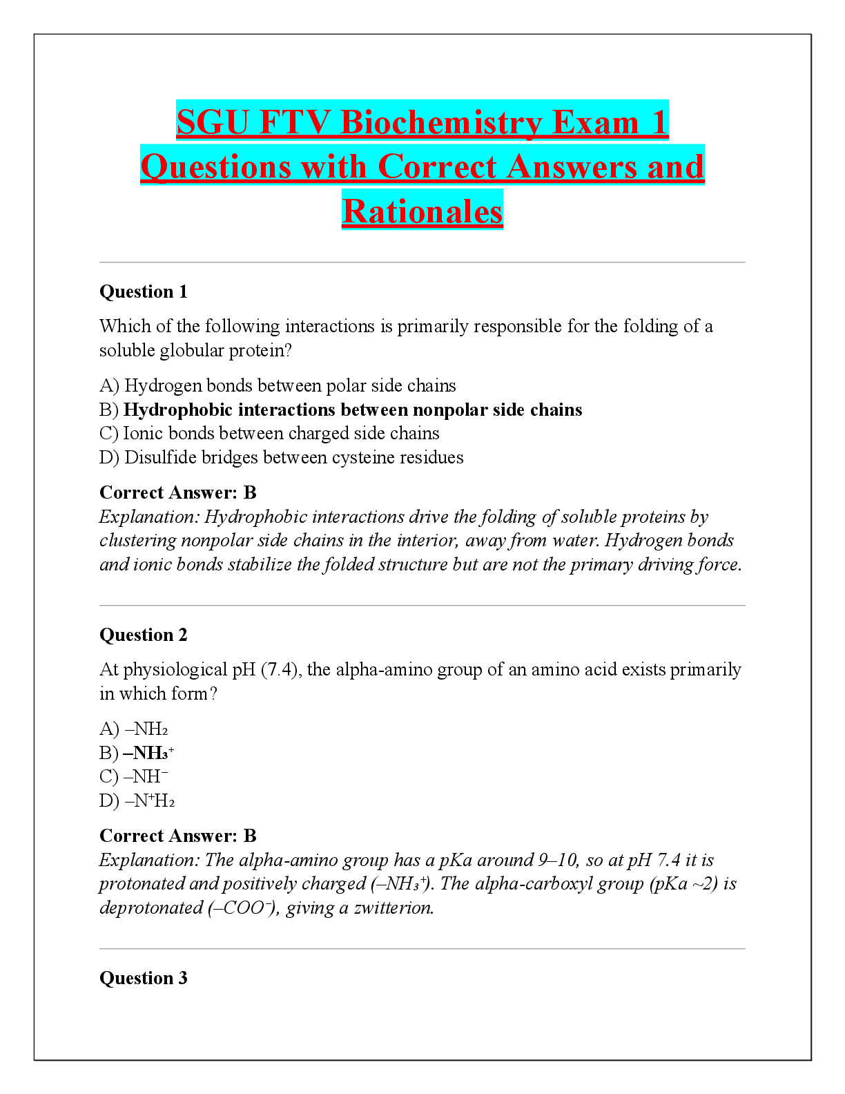 Recommended document preview for SGU FTV Biochemistry Exam 1  Questions with Correct Answers and  Rationales