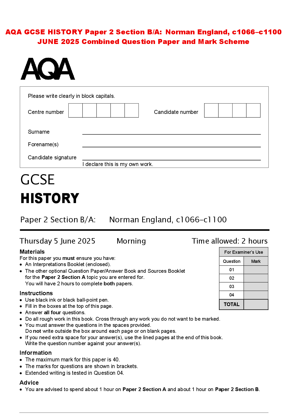 Recommended document preview for AQA GCSE HISTORY Paper 2 Section B/A: Norman England, c1066–c1100 JUNE 2025 Combined Question Paper and Mark Scheme