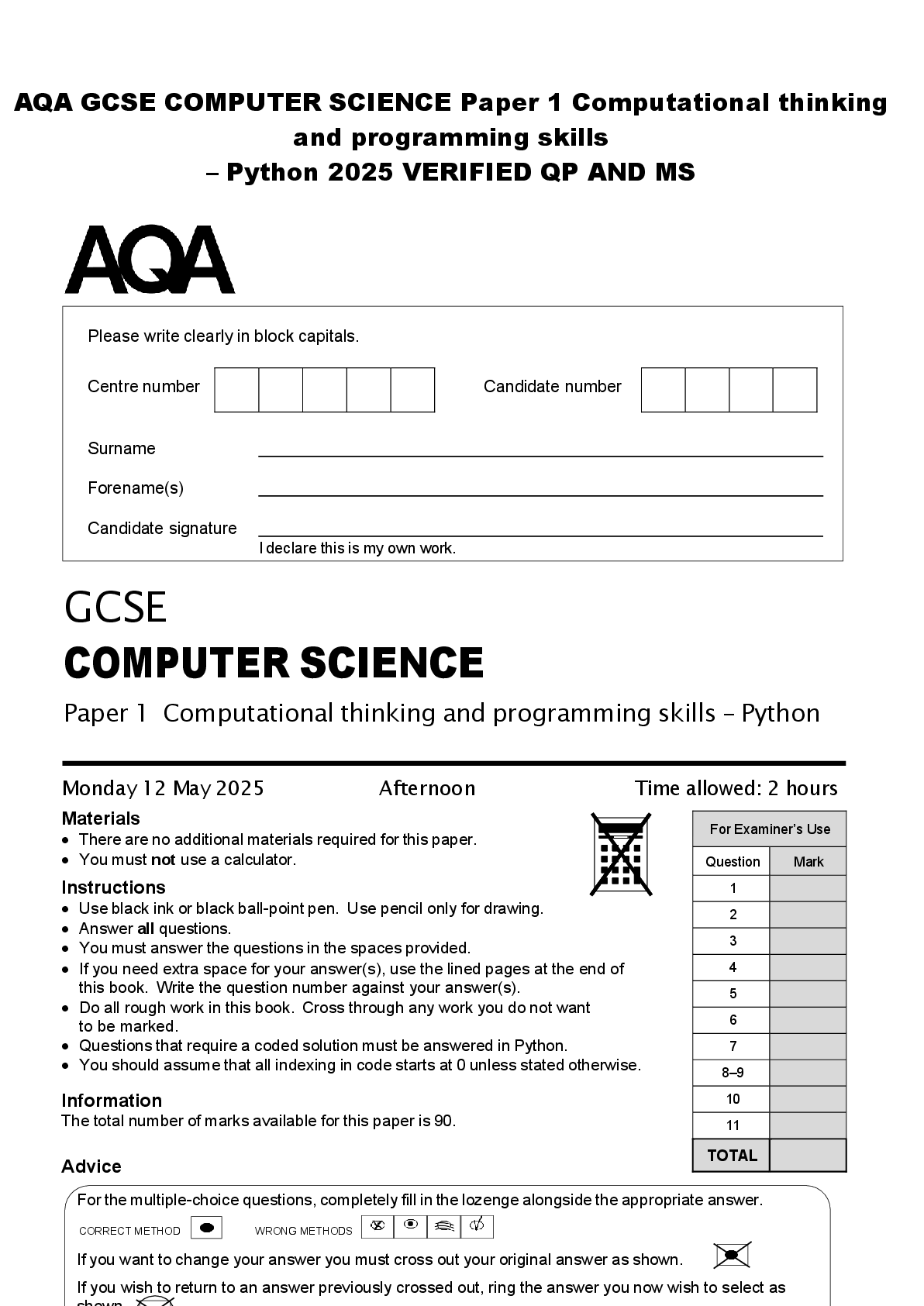 Preview of AQA GCSE COMPUTER SCIENCE Paper 1 Computational thinking  and programming skills – Python