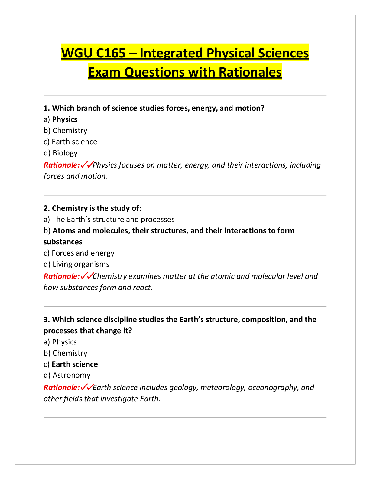 Recommended document preview for WGU C165 – Integrated Physical Sciences  Exam Questions with Rationales