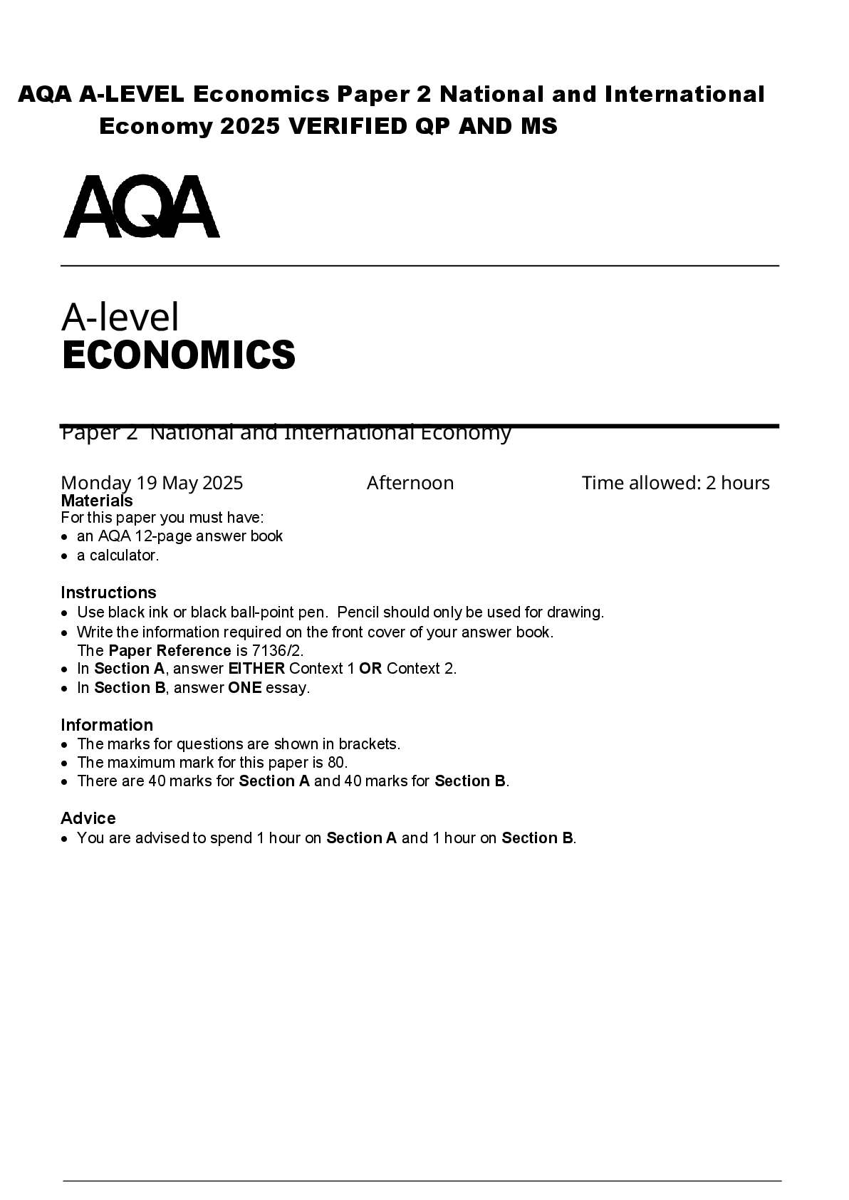 Recommended document preview for AQA A-LEVEL Economics Paper 2 National and International  Economy 2025 VERIFIED QP AND MS