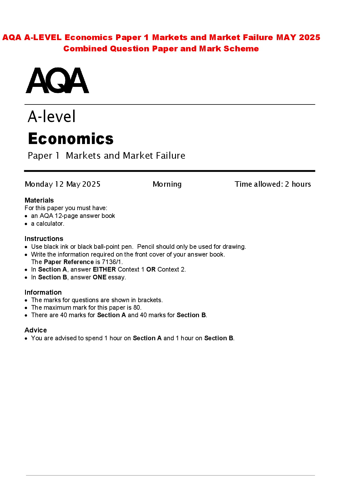 Recommended document preview for AQA A-LEVEL Economics Paper 1 Markets and Market Failure MAY 2025 Combined Question Paper and Mark Scheme