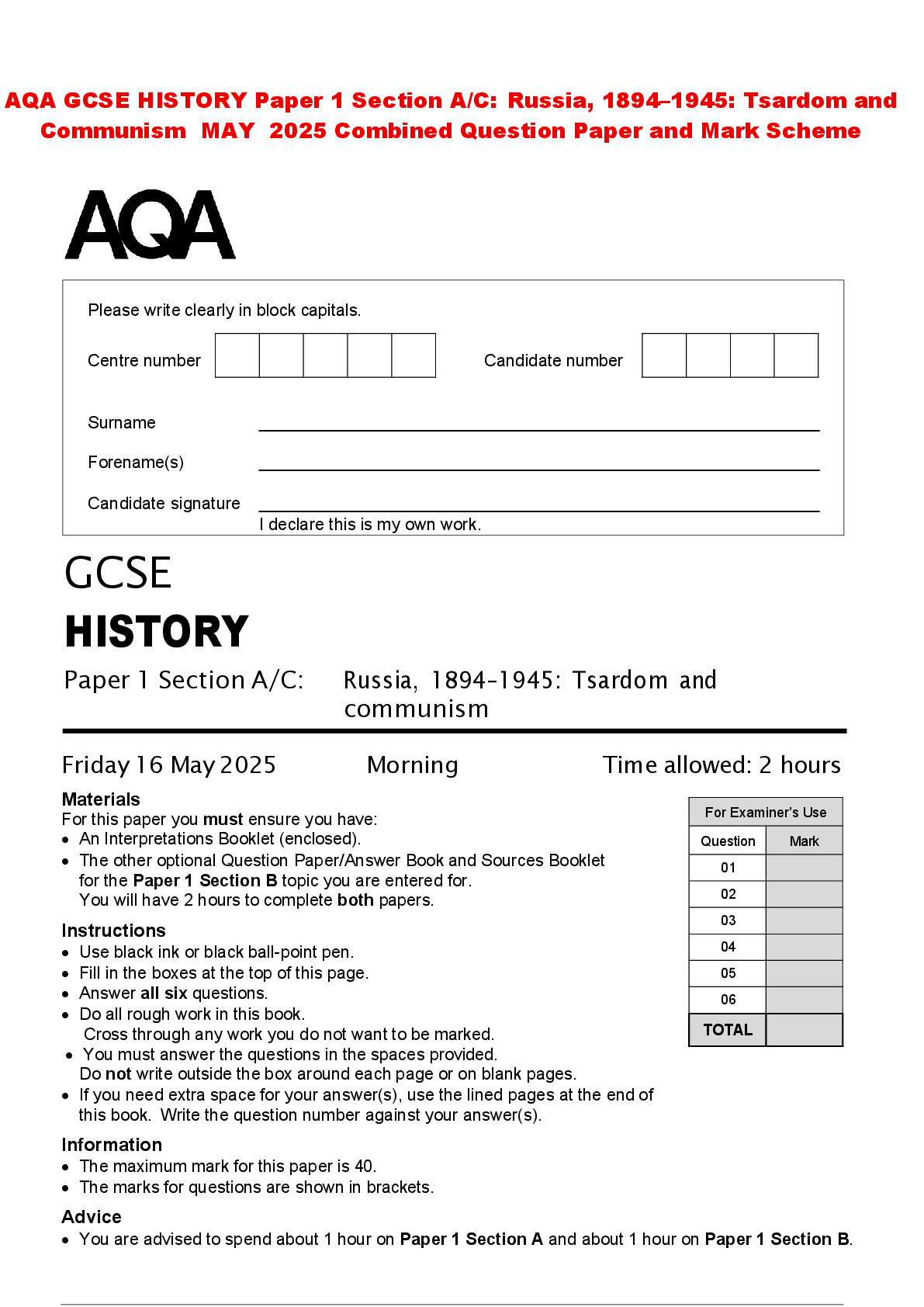 Recommended document preview for AQA GCSE HISTORY Paper 1 Section A/C: Russia, 1894–1945: Tsardom and Communism MAY 2025 Combined Question Paper and Mark Scheme