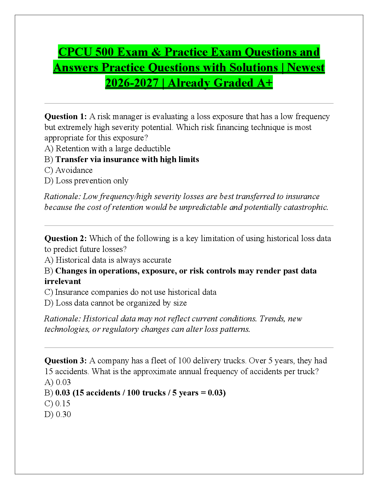 Recommended document preview for CPCU 500 Exam & Practice Exam Questions and  Answers Practice Questions with Solutions | Newest  2026-2027 | Already Graded A+