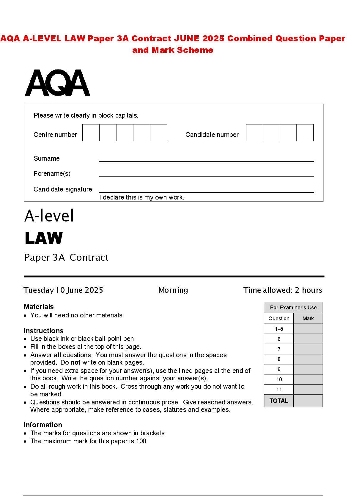 Preview of AQA A-LEVEL LAW Paper 3A Contract JUNE 2025 Combined Question Paper and Mark Scheme