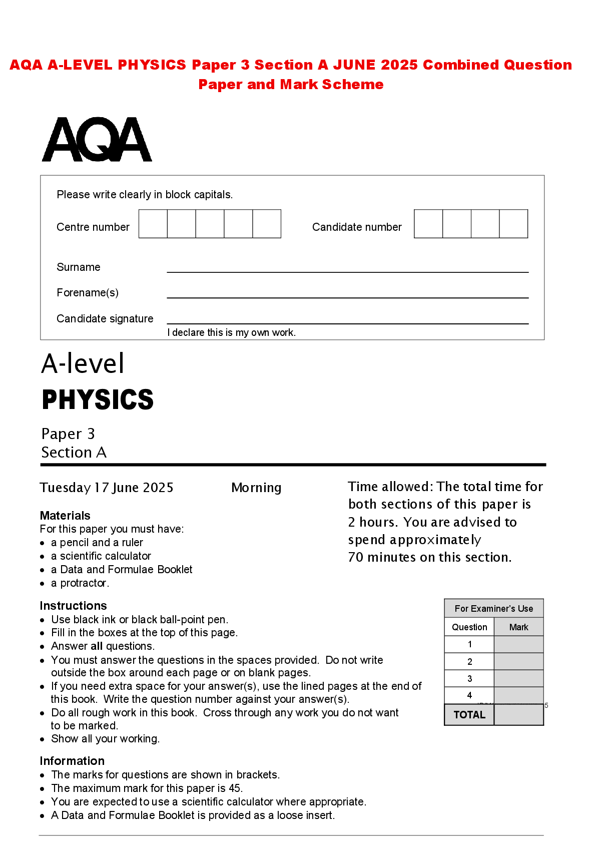 Recommended document preview for AQA A-LEVEL PHYSICS Paper 3 Section A JUNE 2025 Combined Question Paper and Mark Scheme