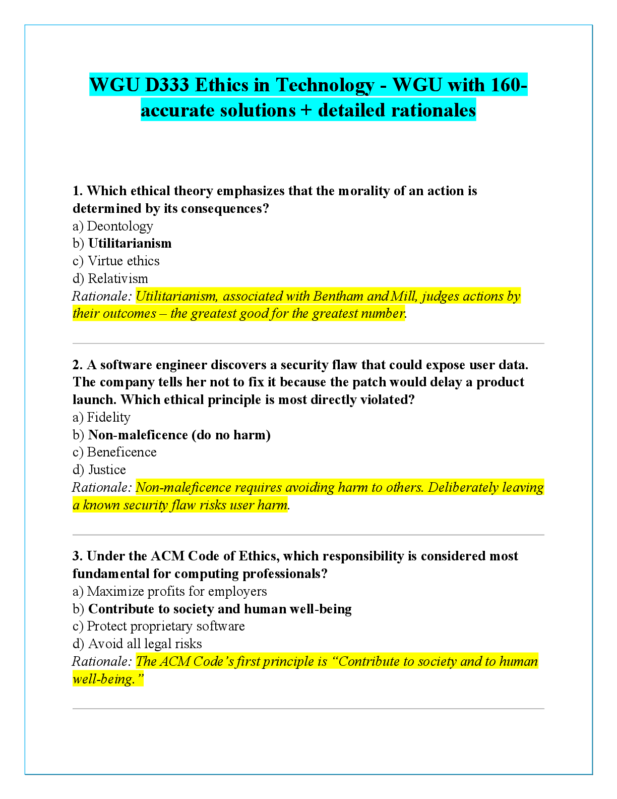 Preview of WGU D333 Ethics in Technology - WGU with 160-  accurate solutions + detailed rationales