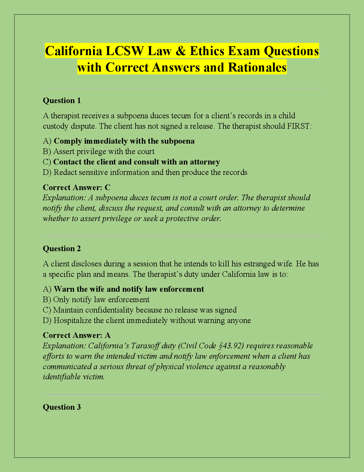 Preview of California LCSW Law & Ethics Exam Questions  with Correct Answers and Rationales
