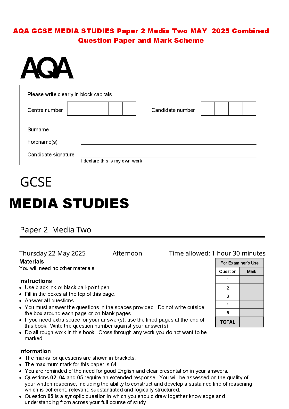 Preview of AQA GCSE MEDIA STUDIES Paper 2 Media Two MAY 2025 Combined Question Paper and Mark Scheme