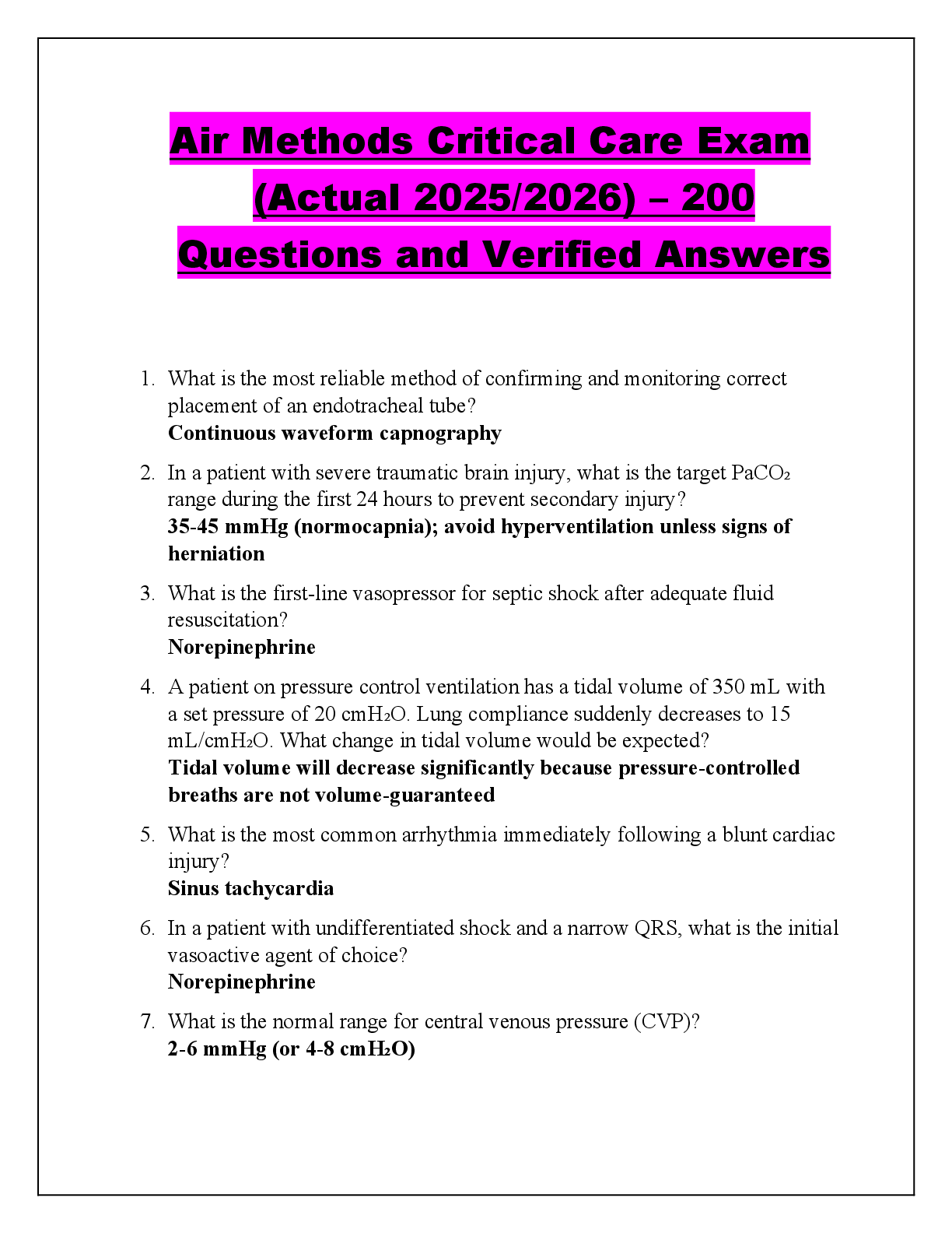 Preview of Air Methods Critical Care Exam  (Actual 2025/2026) – 200  Questions and Verified Answers