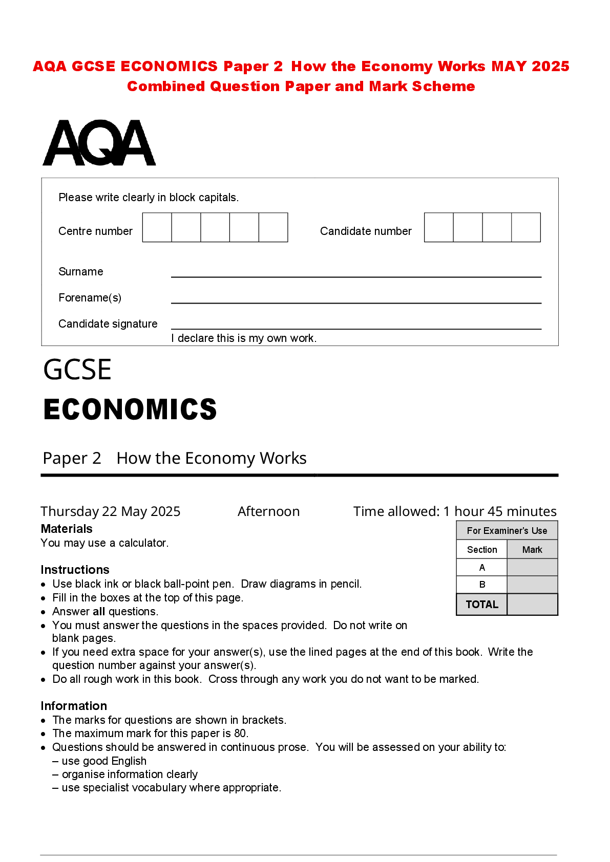 Recommended document preview for AQA GCSE ECONOMICS Paper 2 How the Economy Works MAY 2025 Combined Question Paper and Mark Scheme