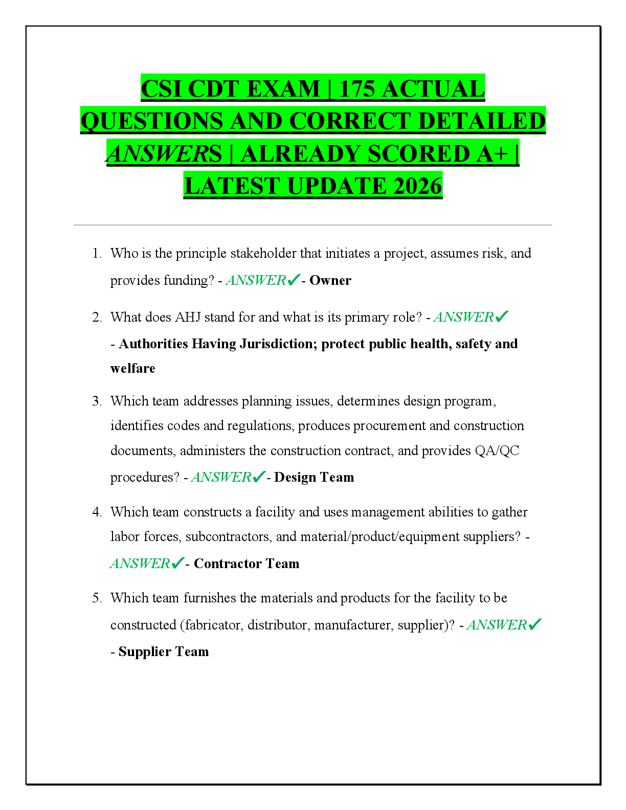 Recommended document preview for CSI CDT EXAM | 175 ACTUAL  QUESTIONS AND CORRECT DETAILED  ANSWERS | ALREADY SCORED A+ |  LATEST UPDATE 2026