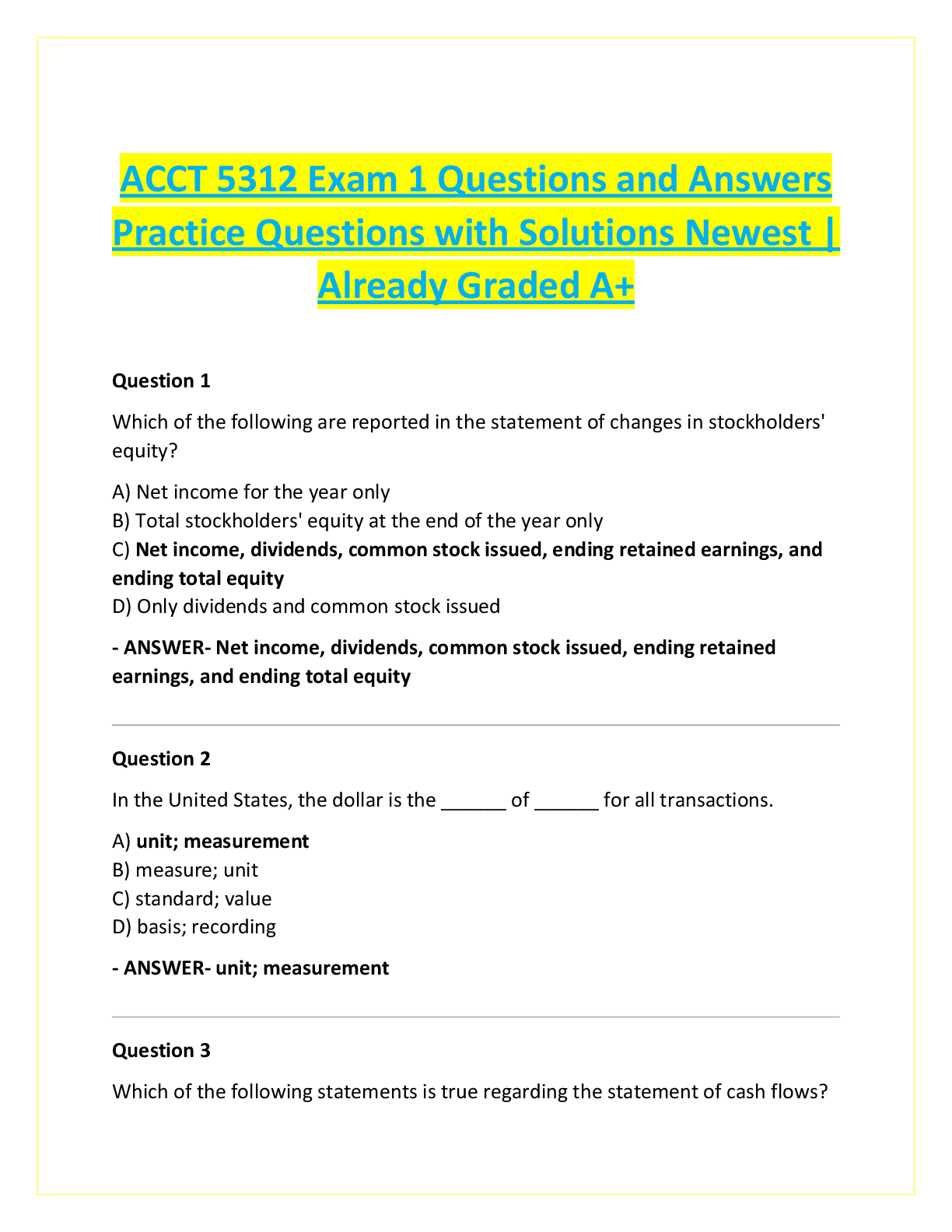 Recommended document preview for ACCT 5312 Exam 1 Questions and Answers  Practice Questions with Solutions Newest |  Already Graded A+