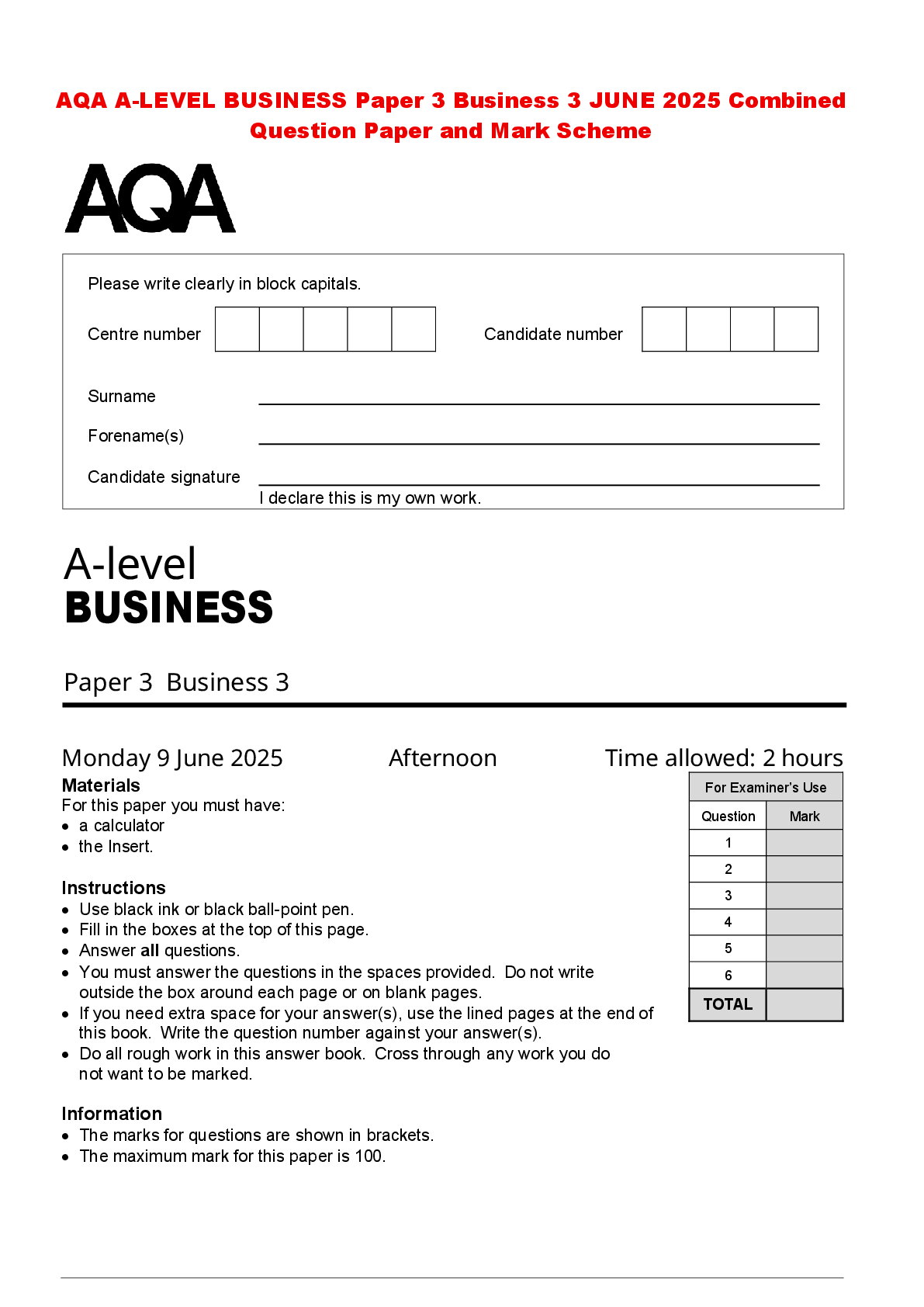 Recommended document preview for AQA A-LEVEL BUSINESS Paper 3 Business 3 JUNE 2025 Combined Question Paper and Mark Scheme