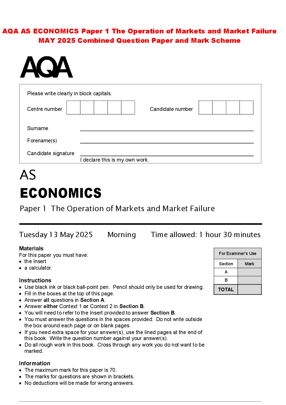 Recommended document preview for AQA AS ECONOMICS Paper 1 The Operation of Markets and Market Failure MAY 2025 Combined Question Paper and Mark Scheme
