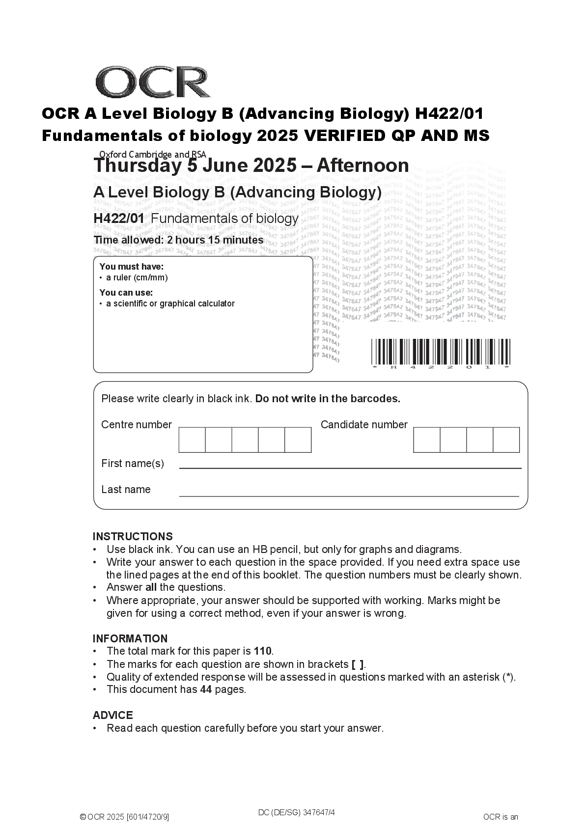 Recommended document preview for OCR A Level Biology B (Advancing Biology) H422/01  Fundamentals of biology 2025 VERIFIED QP AND MS