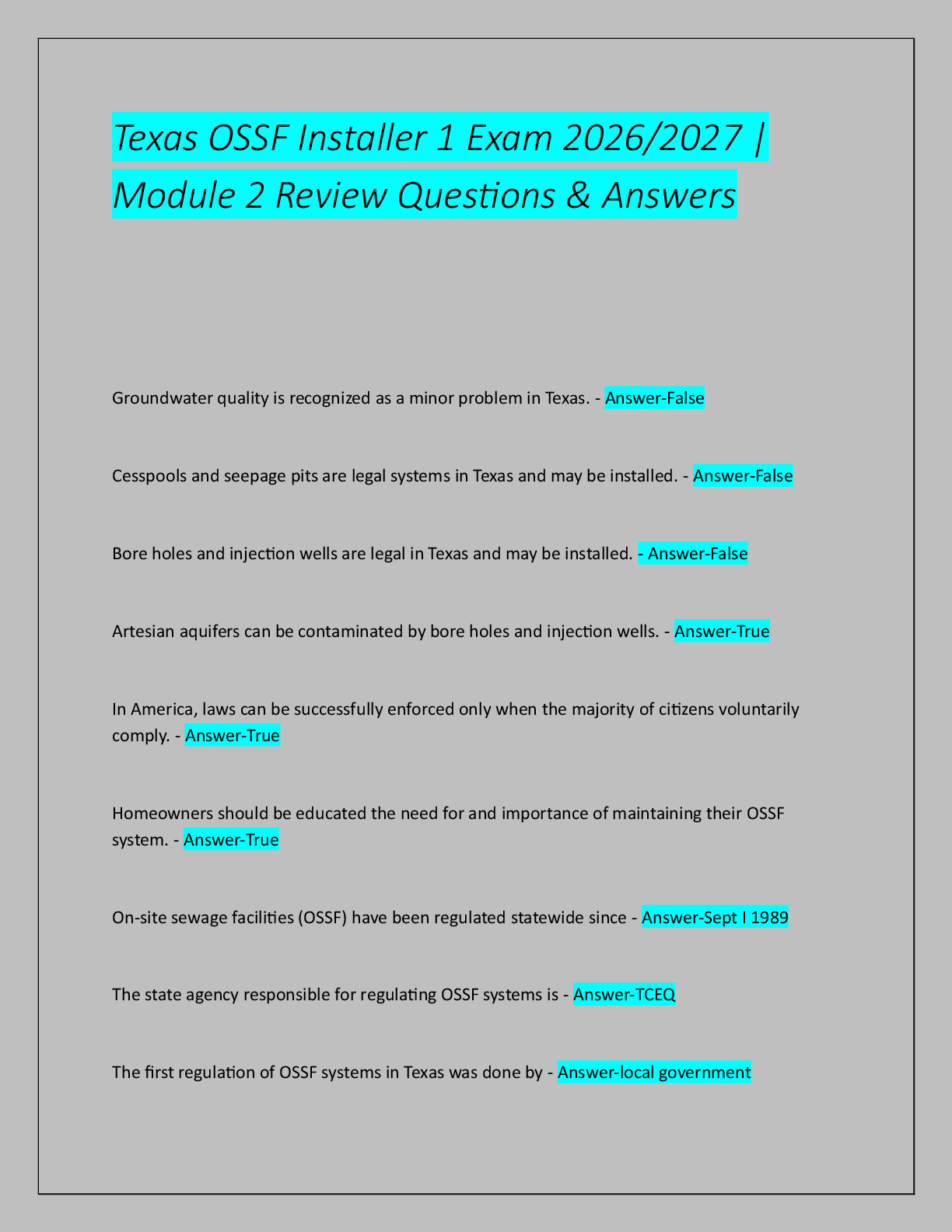 Recommended document preview for Texas OSSF Installer 1 Exam | Chapter 1 Review  Questions & Answers (2026/2027)
