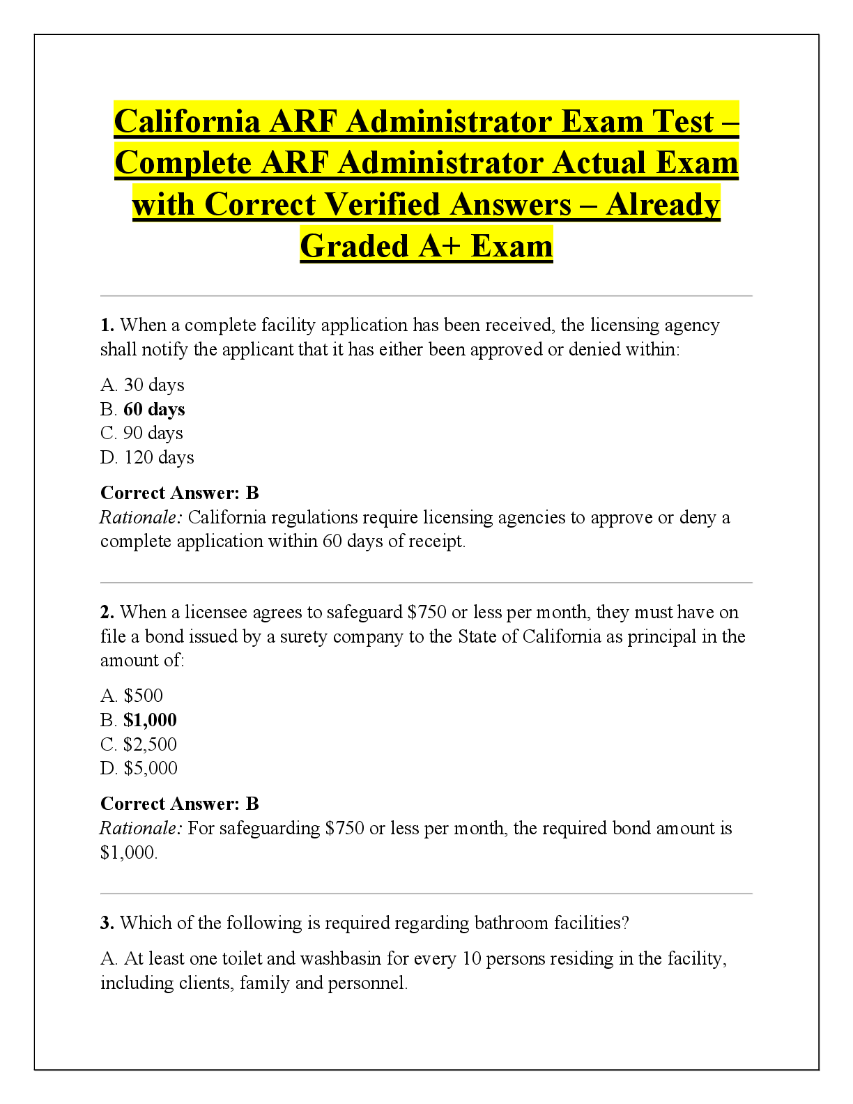 Recommended document preview for California ARF Administrator Exam Test –  Complete ARF Administrator Actual Exam  with Correct Verified Answers – Already  Graded A+ Exam