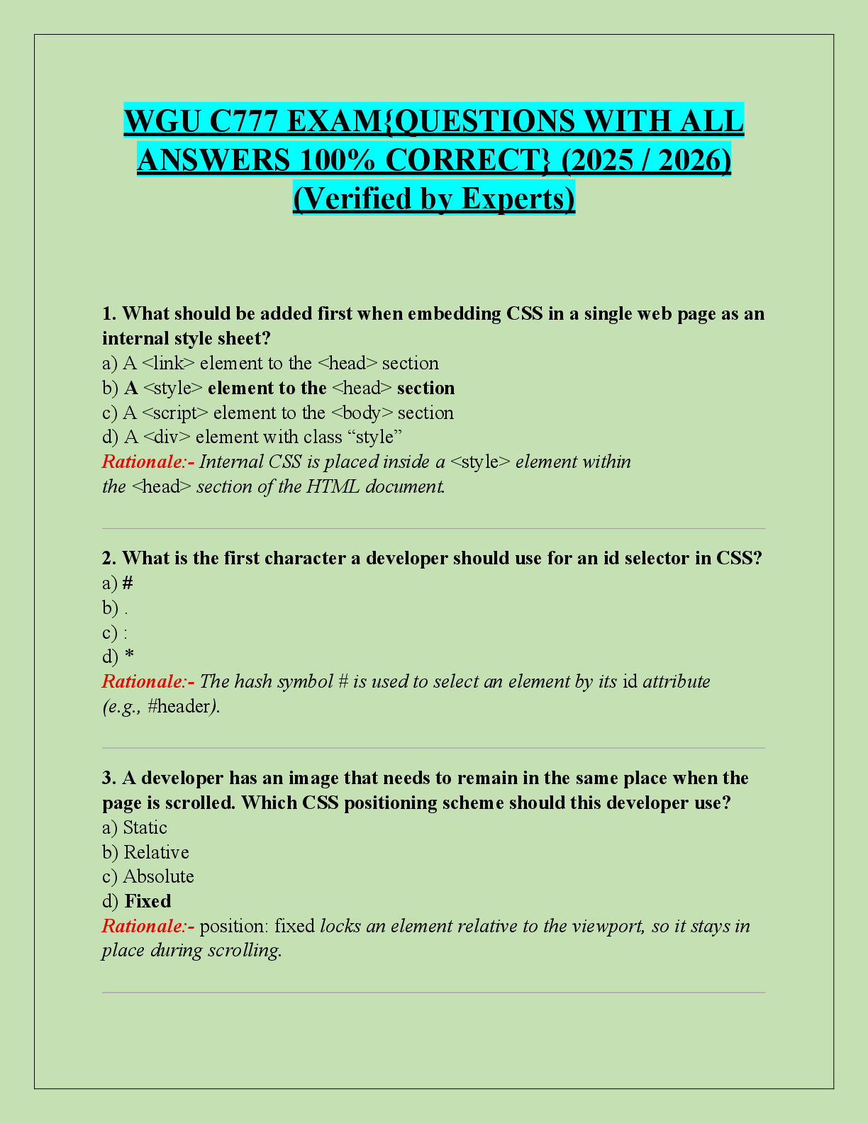Preview of WGU C777 EXAM{QUESTIONS WITH ALL  ANSWERS 100% CORRECT} (2025 / 2026)  (Verified by Experts)