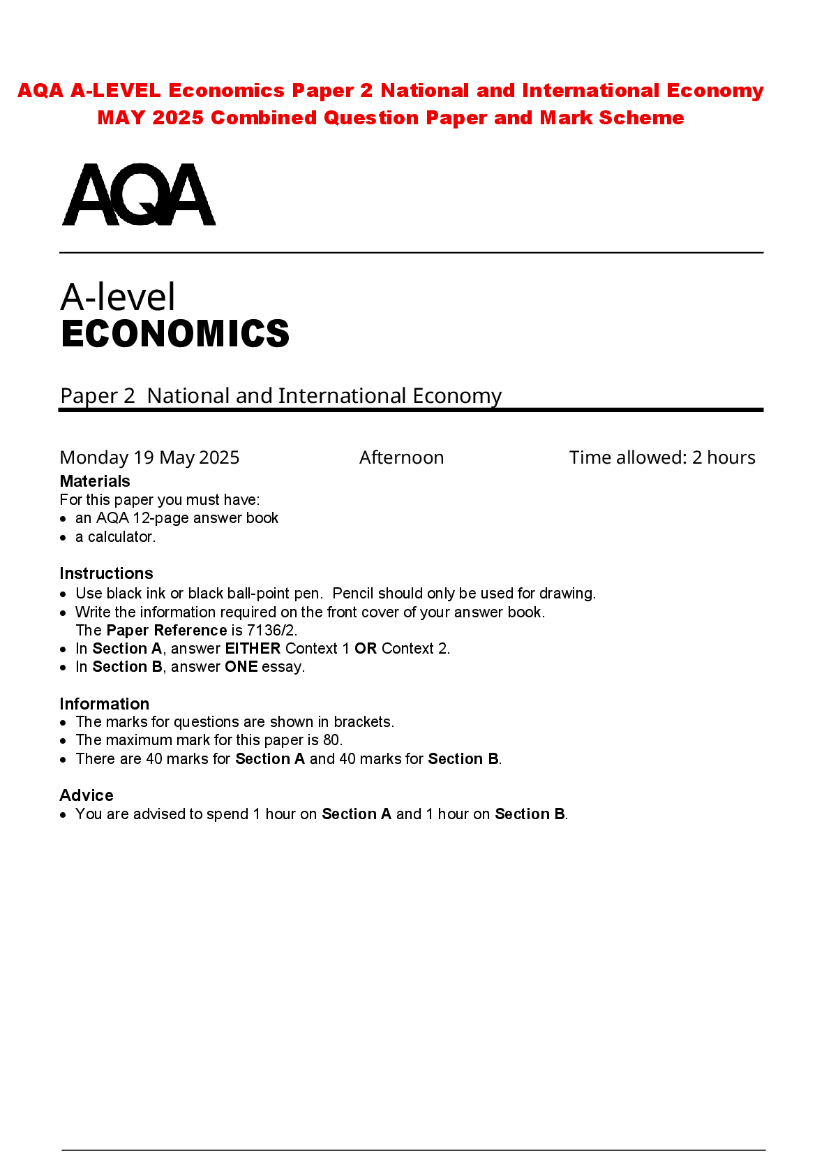 Recommended document preview for AQA A-LEVEL Economics Paper 2 National and International Economy MAY 2025 Combined Question Paper and Mark Scheme