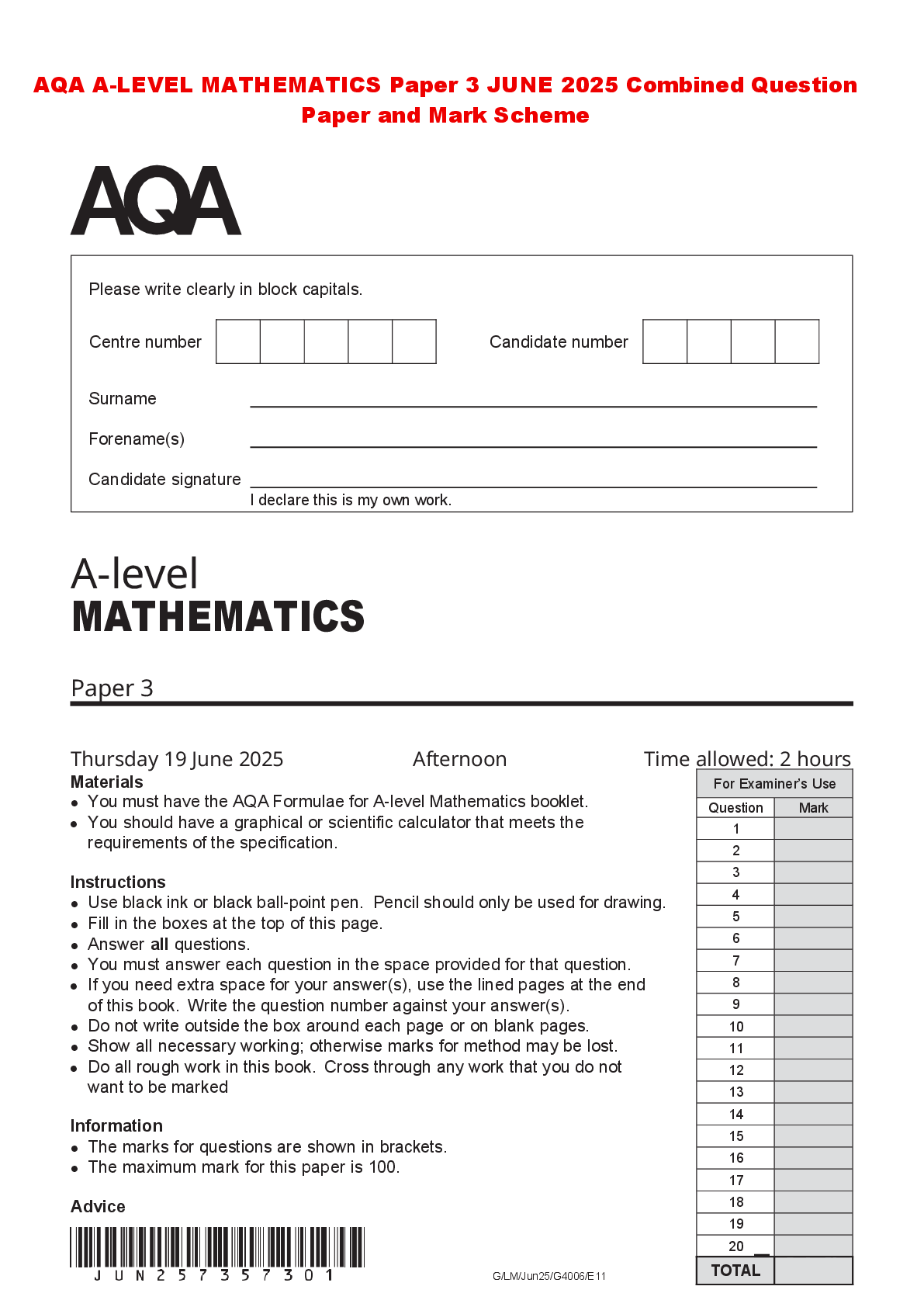 Recommended document preview for AQA A-LEVEL MATHEMATICS Paper 3 JUNE 2025 Combined Question Paper and Mark Scheme
