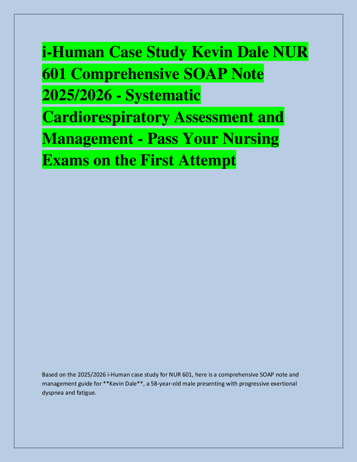 Recommended document preview for 2025/2026 iHuman Case  Study Walkthrough: 65-YearOld Female Patient with  Insomnia (NURS 6531) - Ultimate Guide to Pass on  Your First Attempt and Avoid  Resits