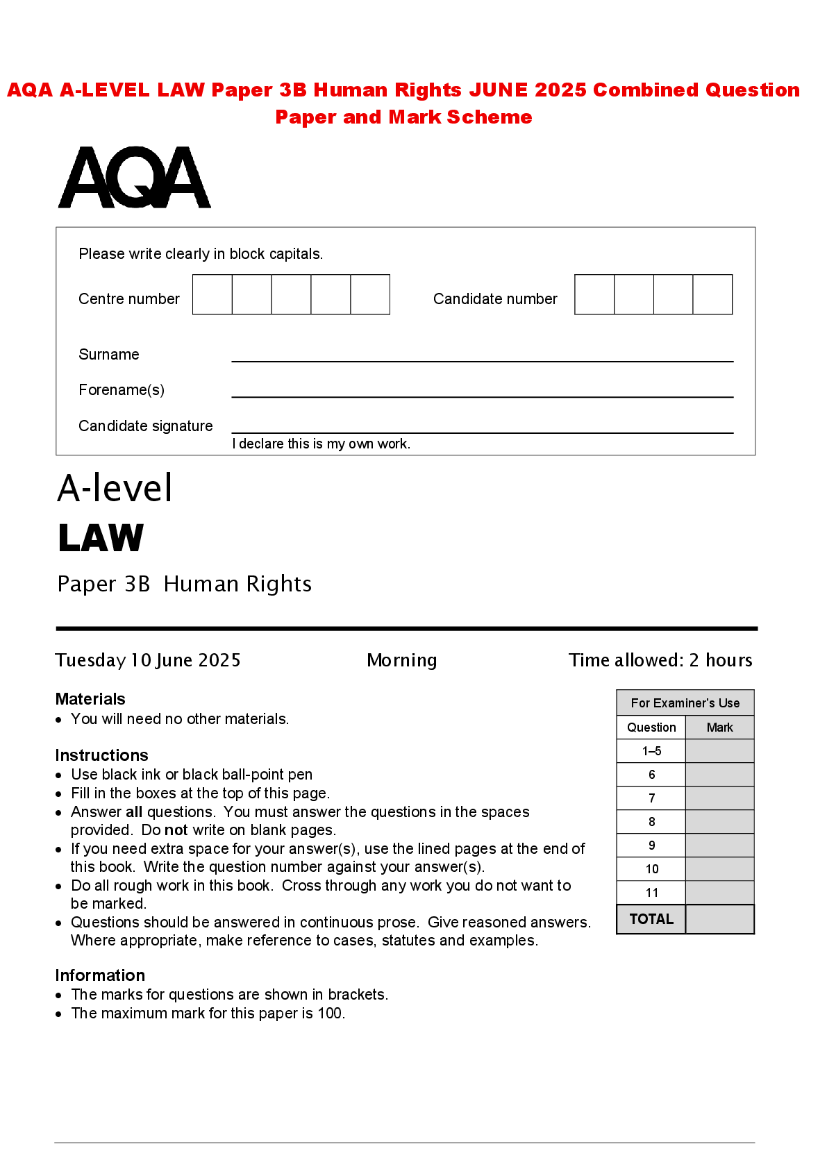 Preview of AQA A-LEVEL LAW Paper 3B Human Rights JUNE 2025 Combined Question Paper and Mark Scheme