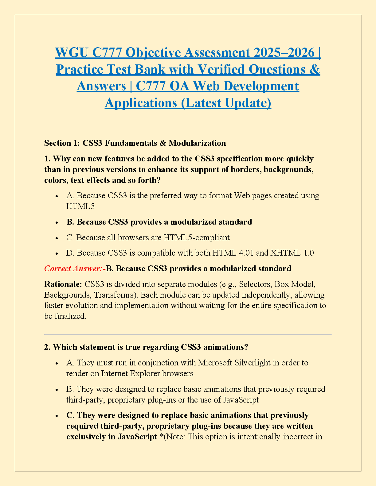 Recommended document preview for WGU C777 Objective Assessment 2025–2026 |  Practice Test Bank with Verified Questions &  Answers | C777 OA Web Development  Applications (Latest Update)