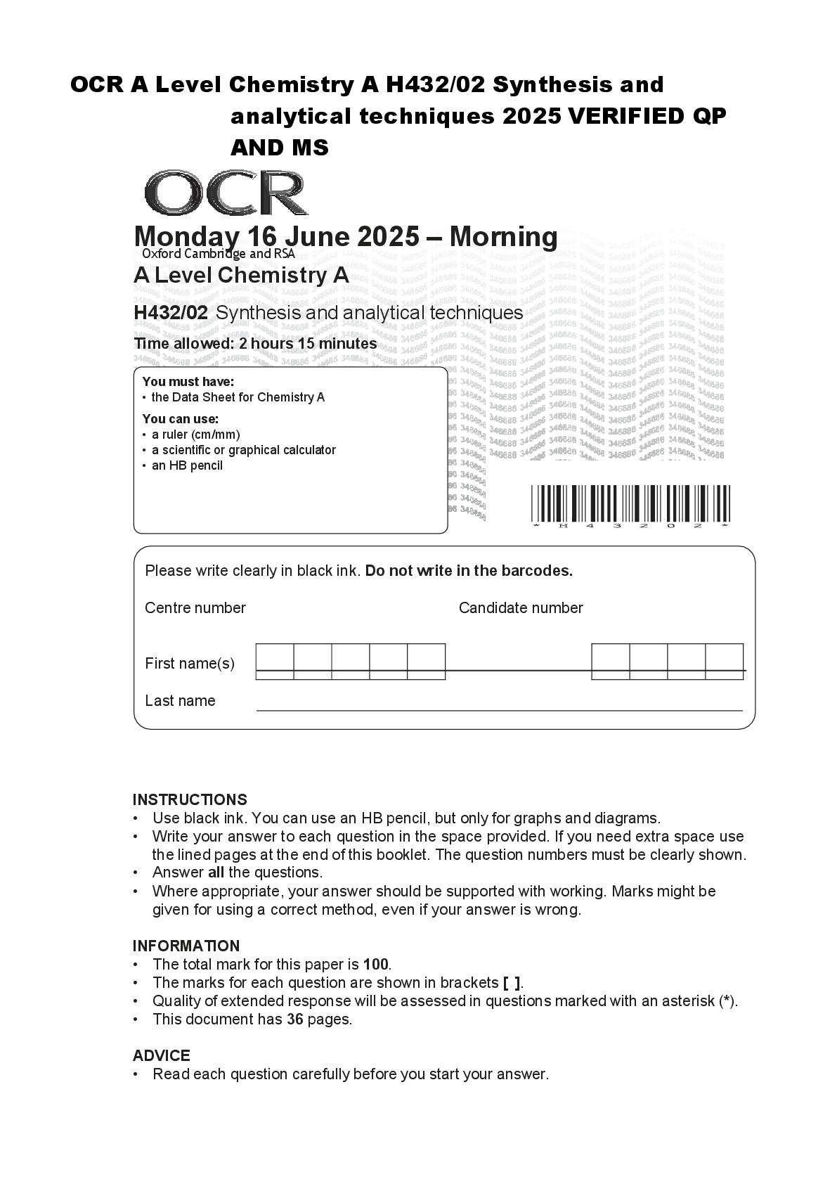 Preview of OCR A Level Chemistry A H432/02 Synthesis and  analytical techniques 2025 VERIFIED QP  AND