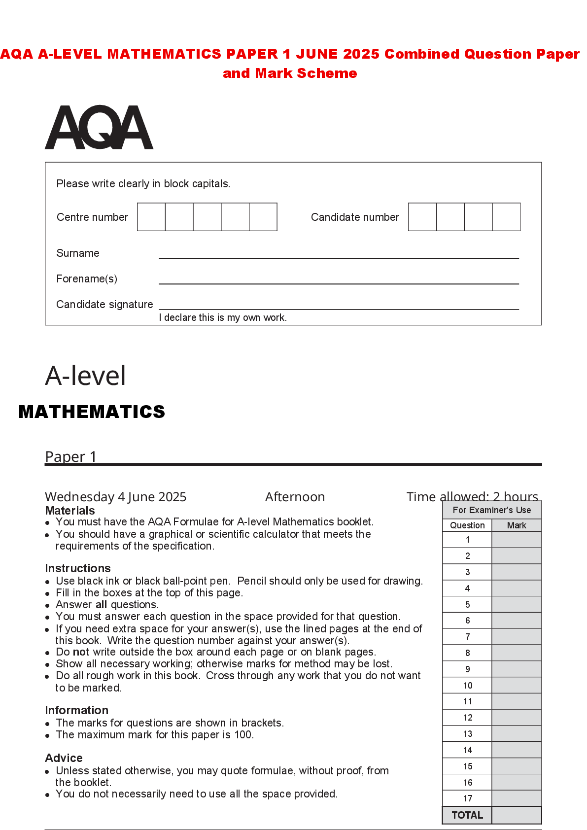 Recommended document preview for AQA A-LEVEL MATHEMATICS PAPER 1 JUNE 2025 Combined Question Paper and Mark Scheme
