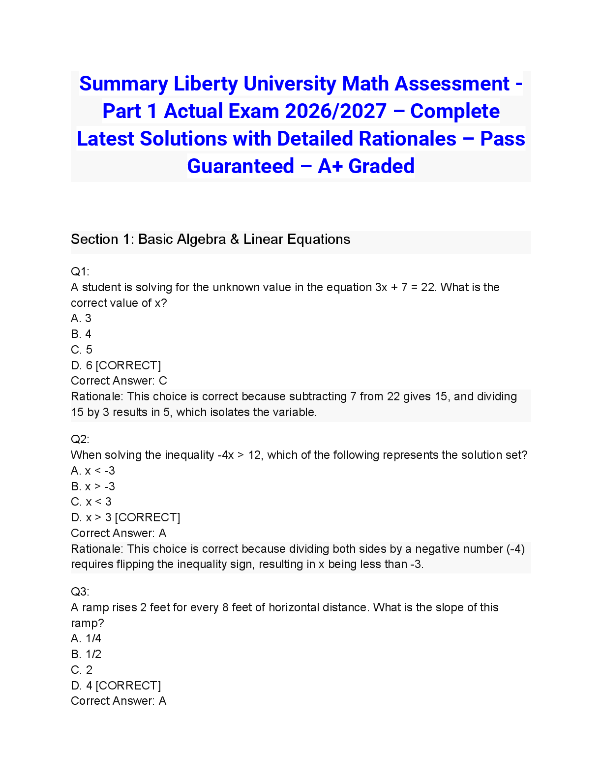 Summary Liberty University Math Assessment - Part 1 Actual Exam 2026/2027 – Complete Latest Solutions with Detailed Rationales – Pass Guaranteed – A+ Graded