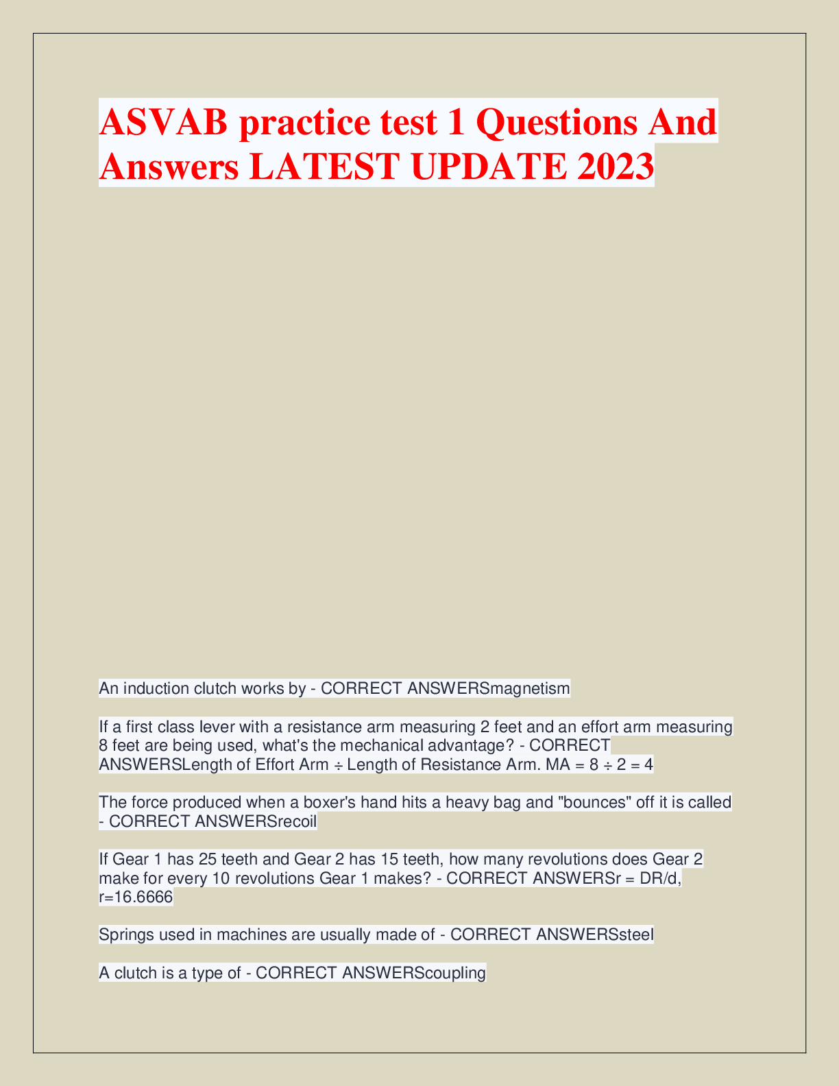 Recommended document preview for ASVAB practice test 1 Questions And  Answers LATEST UPDATE 2023