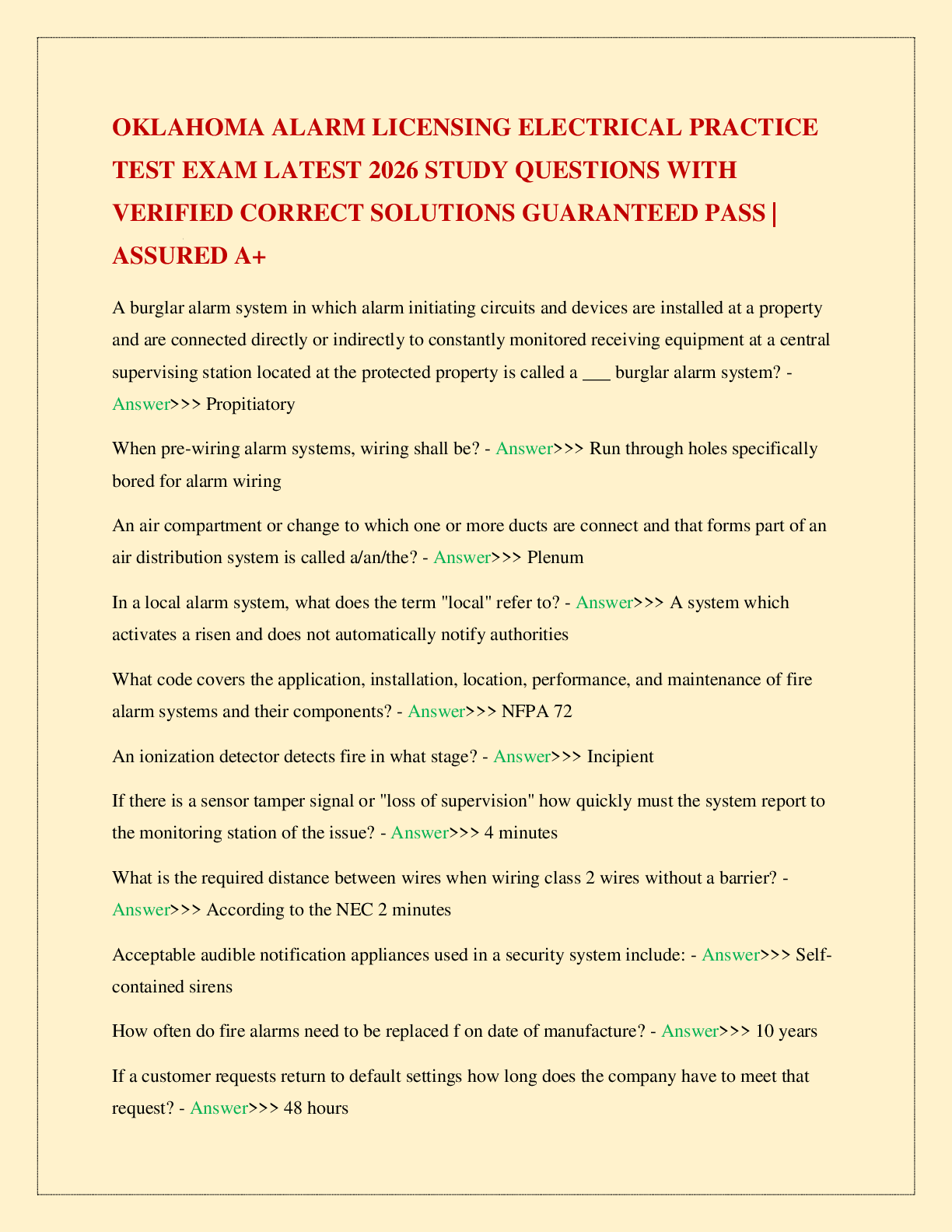 Recommended document preview for OKLAHOMA ALARM LICENSING ELECTRICAL PRACTICE TEST EXAM LATEST 2026 STUDY QUESTIONS WITH VERIFIED CORRECT SOLUTIONS GUARANTEED PASS | ASSURED A+