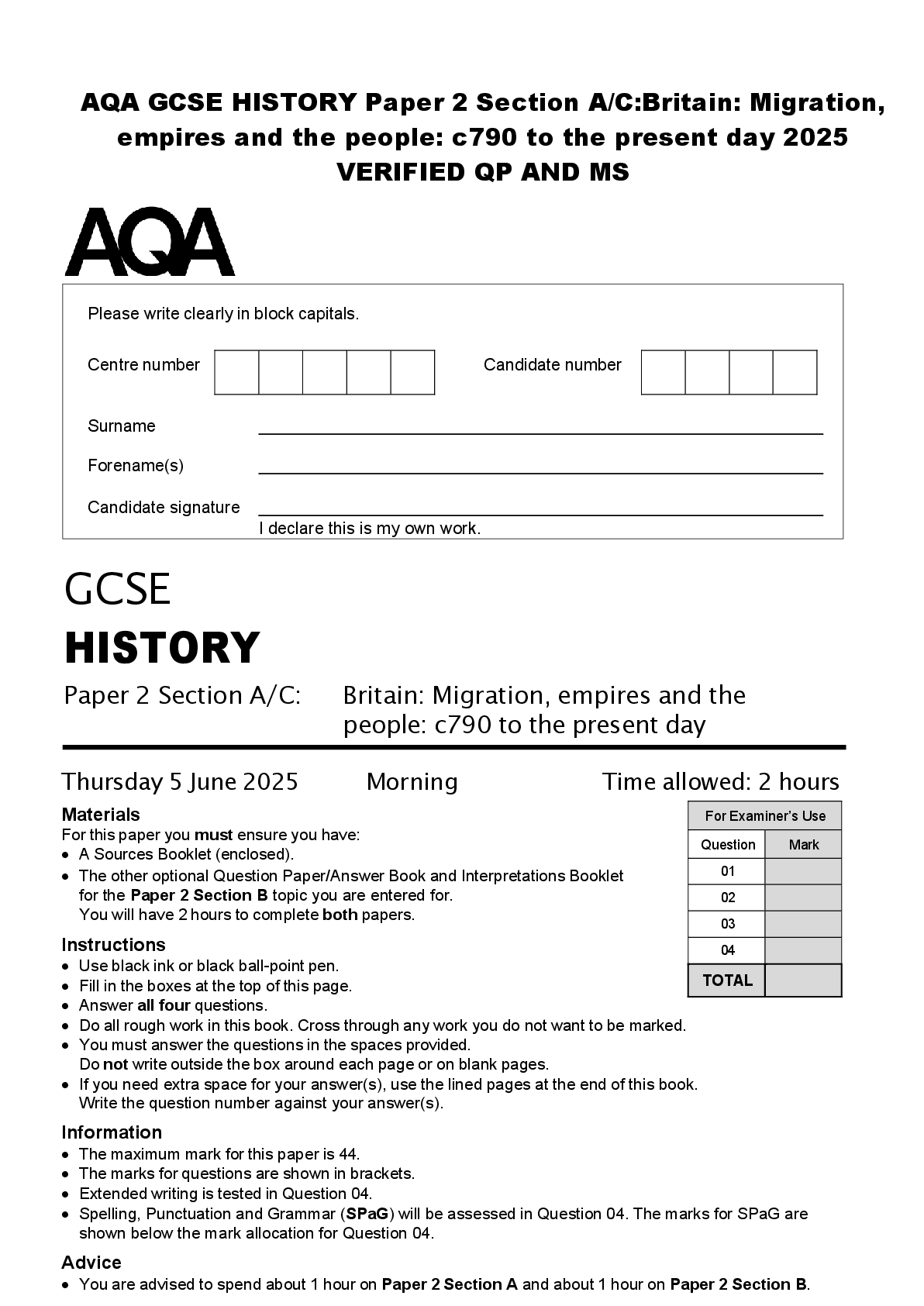 Preview of AQA GCSE HISTORY Paper 2 Section A/C:Britain: Migration,  empires and the people: c790 to