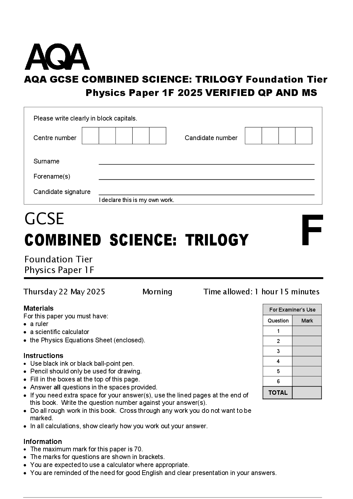 AQA GCSE COMBINED SCIENCE: TRILOGY Foundation Tier  Physics Paper 1F 2025 VERIFIED QP AND MS