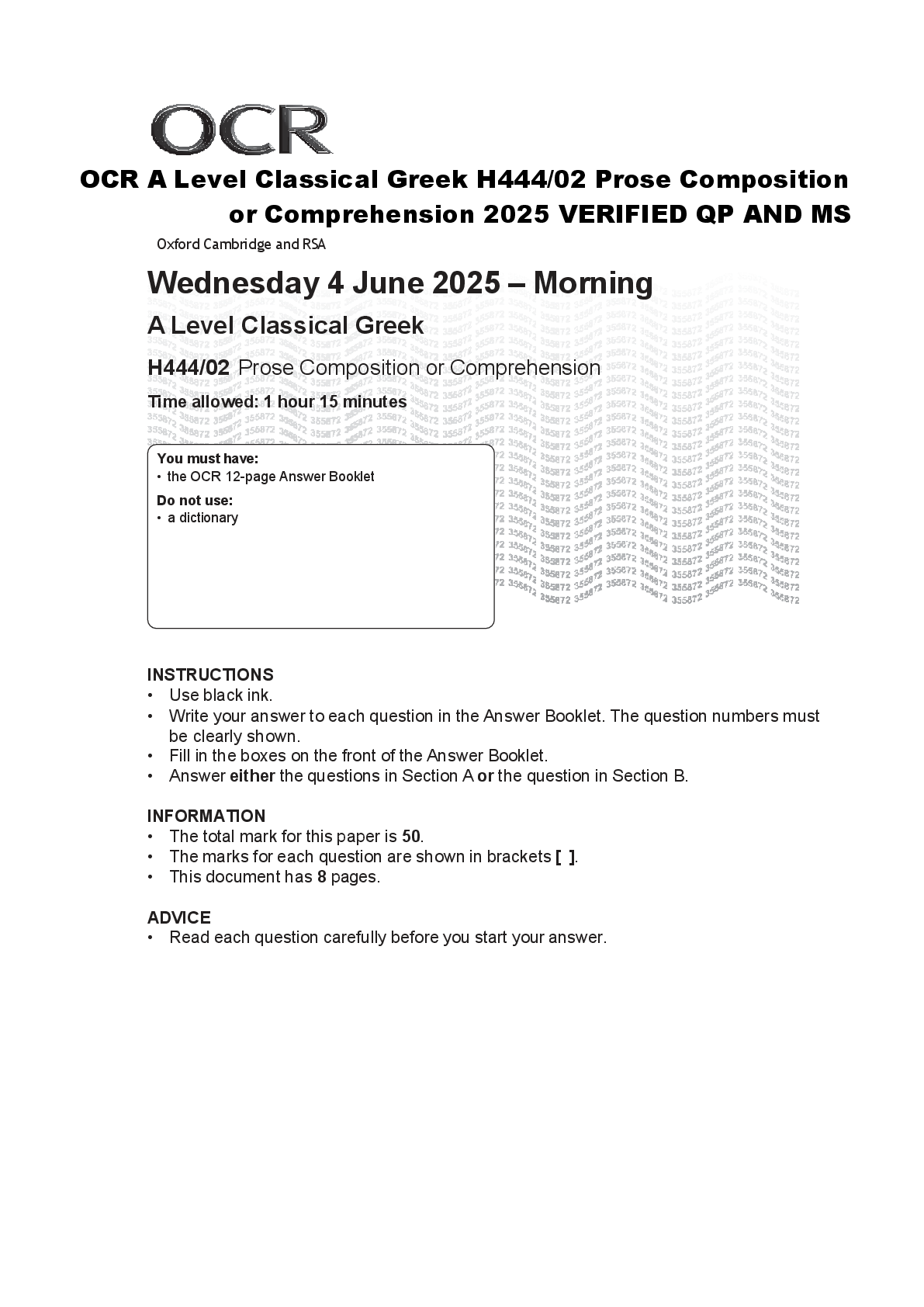 Recommended document preview for OCR A Level Classical Greek H444/02 Prose Composition  or Comprehension 2025 VERIFIED QP AND MS