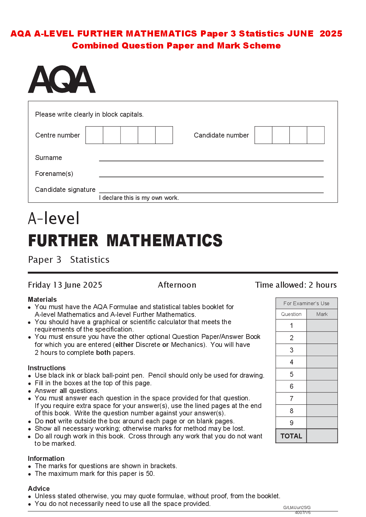 Recommended document preview for AQA A-LEVEL FURTHER MATHEMATICS Paper 3 Statistics JUNE 2025 Combined Question Paper and Mark Scheme