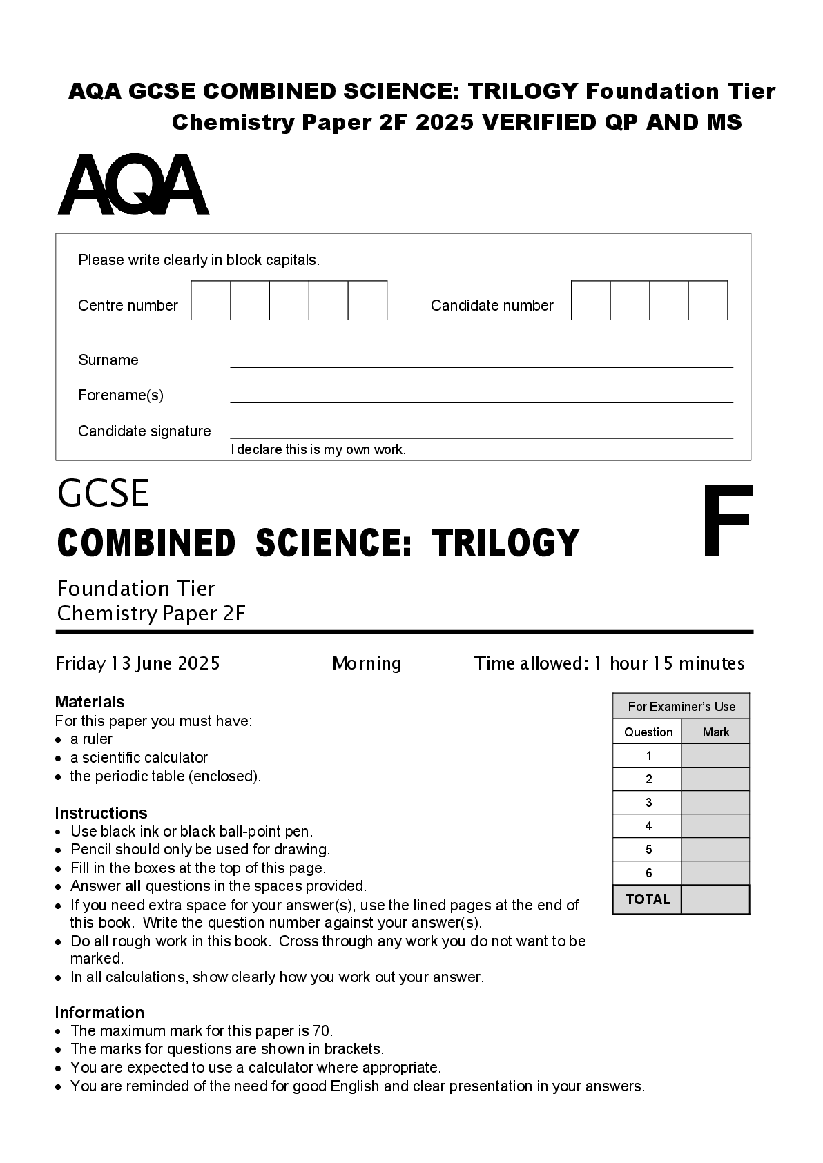 Preview of AQA GCSE COMBINED SCIENCE: TRILOGY Foundation Tier  Chemistry Paper 2F 2025 VERIFIED QP AN
