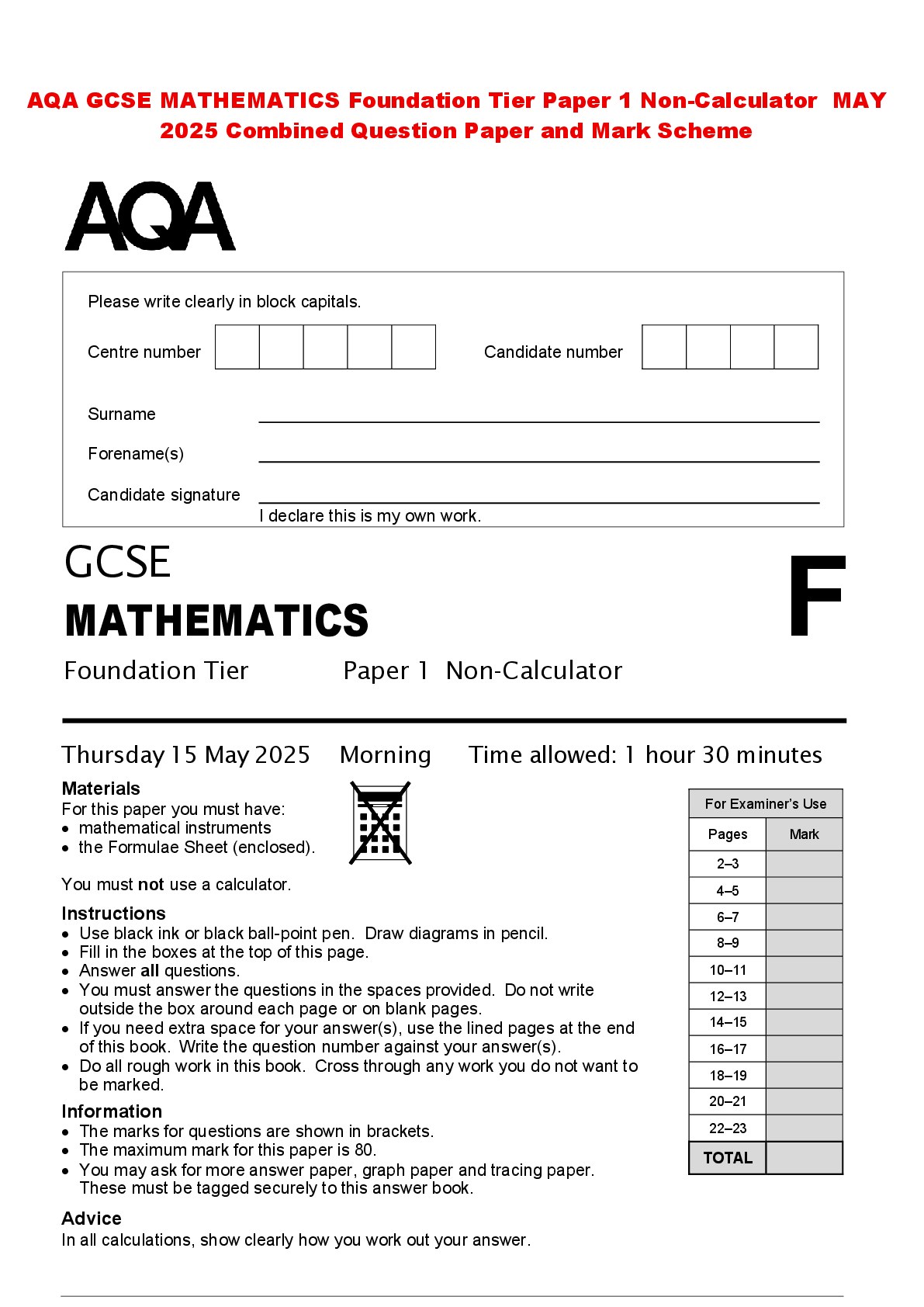 Recommended document preview for AQA GCSE MATHEMATICS Foundation Tier Paper 1 Non-Calculator MAY 2025 Combined Question Paper and Mark Scheme