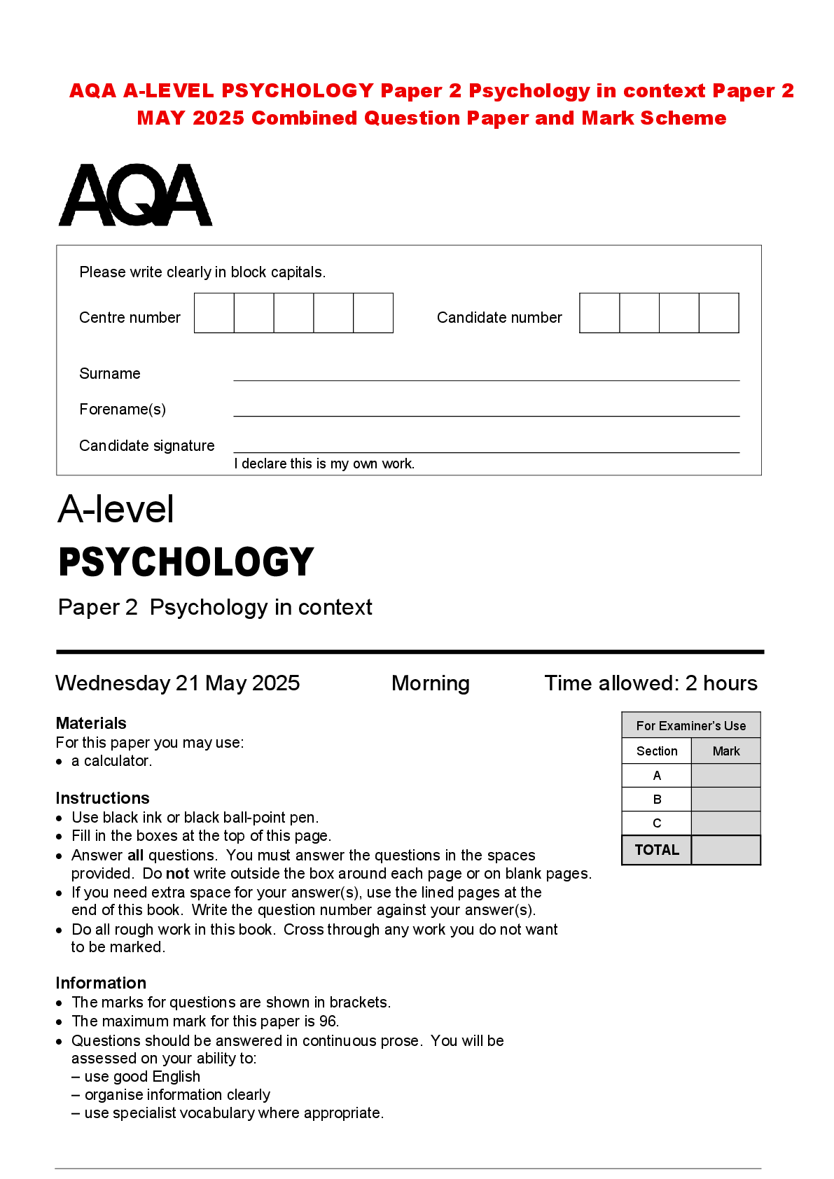 Recommended document preview for AQA A-LEVEL PSYCHOLOGY Paper 2 Psychology in context Paper 2 MAY 2025 Combined Question Paper and Mark Scheme
