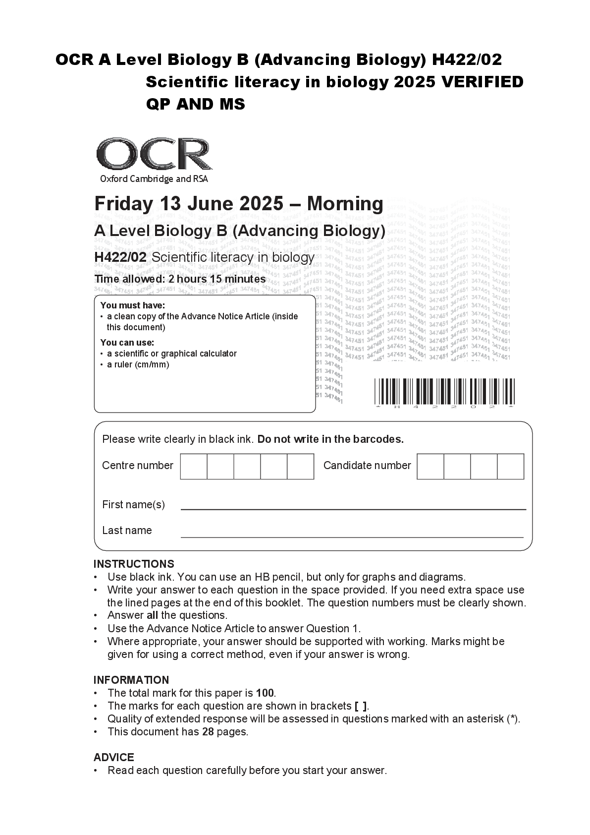 Recommended document preview for VOCR A Level Biology B (Advancing Biology) H422/02  Scientific literacy in biology 2025 VERIFIED  QP AND MSOCR A Level Biology B (Advancing Biology) H422/02  Scientific literacy in biology 2025 VERIFIED  QP AND MS
