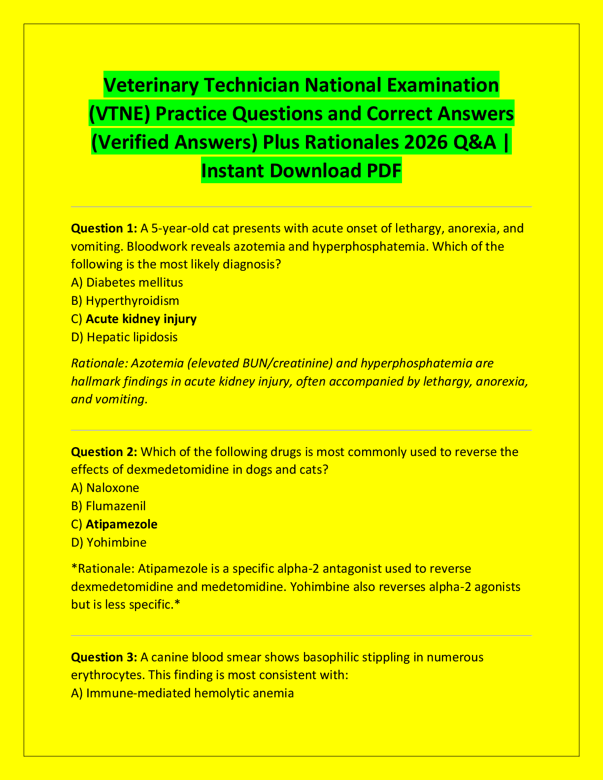 Recommended document preview for Veterinary Technician National Examination  (VTNE) Practice Questions and Correct Answers  (Verified Answers) Plus Rationales 2026 Q&A |  Instant Download PDF