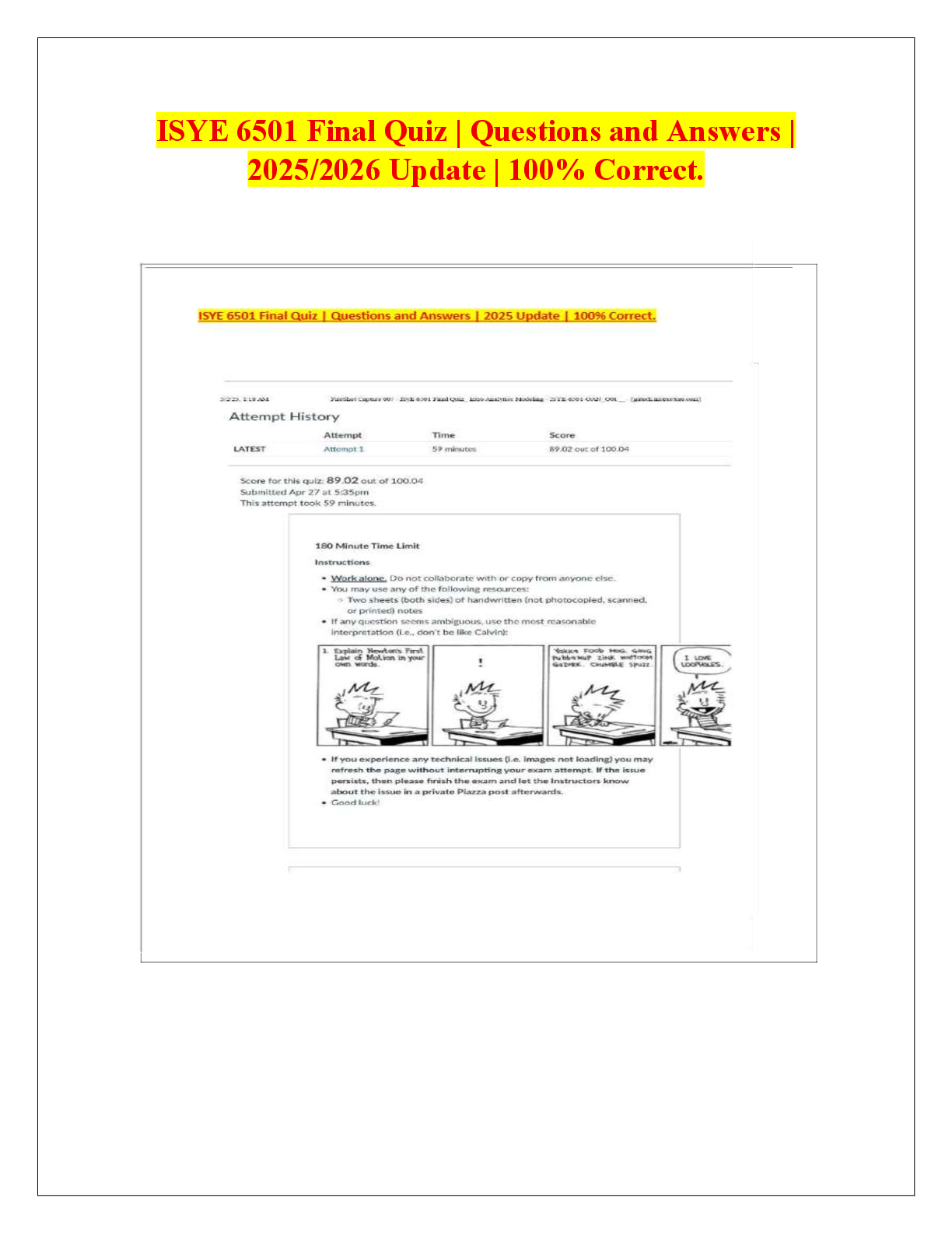Recommended document preview for ISYE 6501 Final Quiz | Questions and Answers |  2025/2026 Update | 100% Correct.