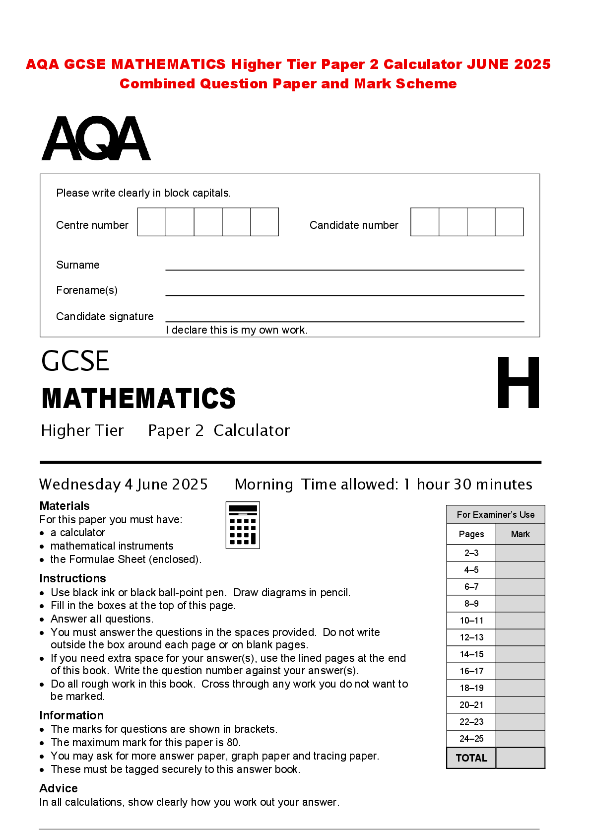 Recommended document preview for AQA GCSE MATHEMATICS Higher Tier Paper 2 Calculator JUNE 2025 Combined Question Paper and Mark Scheme